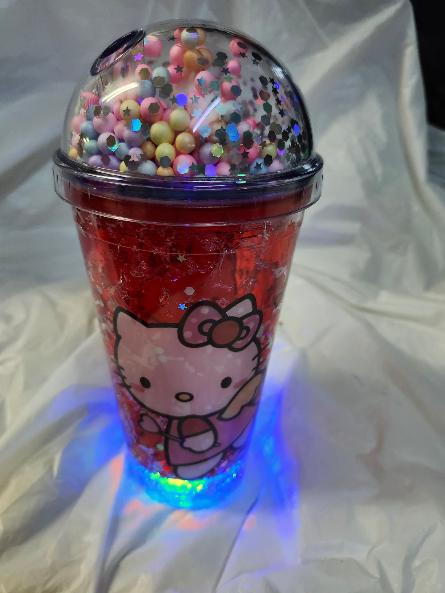 Hello Kitty Glitter Globe Water Bottle Cup With LED changing lights Color Red