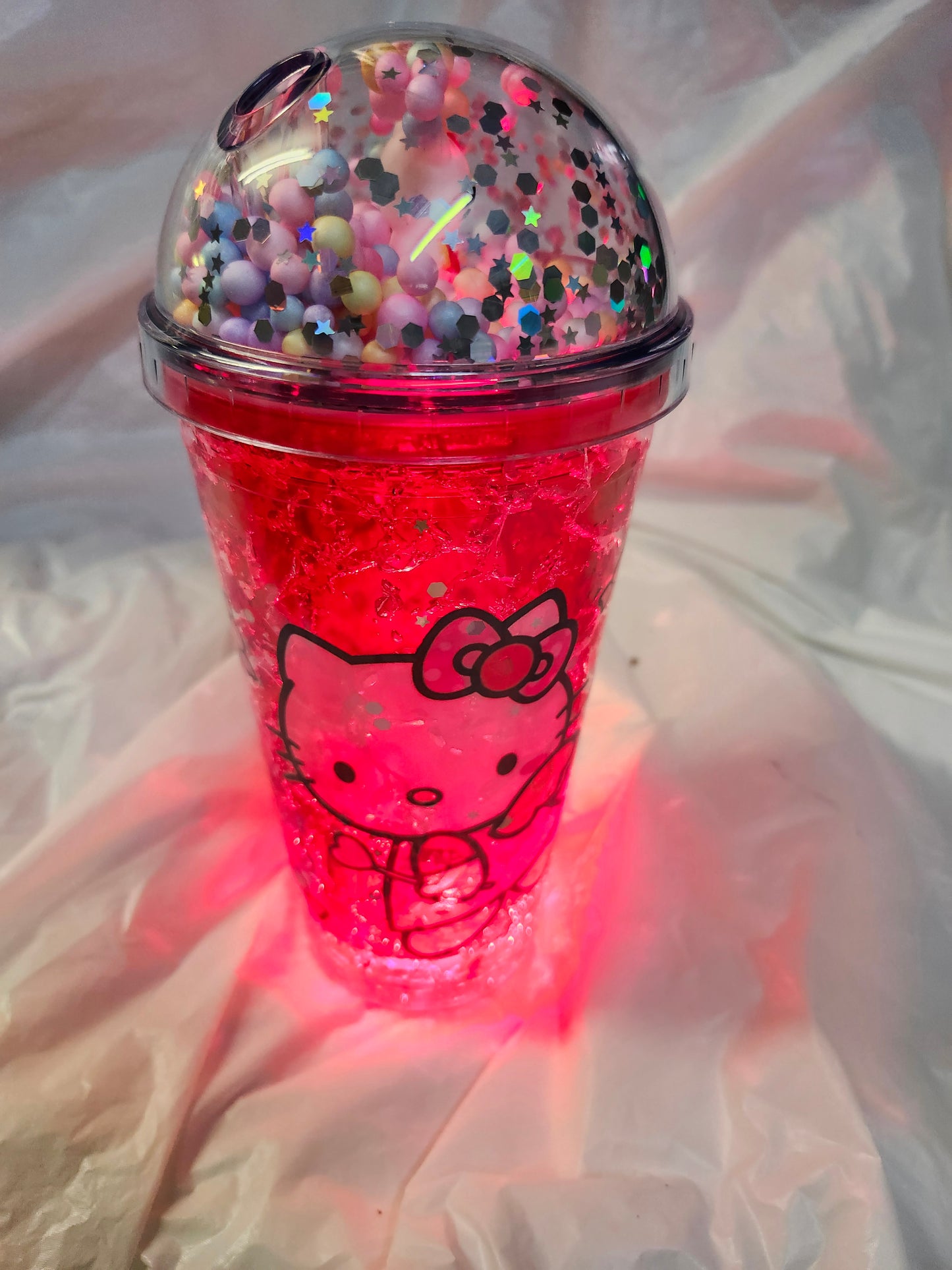 Hello Kitty Glitter Globe Water Bottle Cup With LED changing lights Color Red