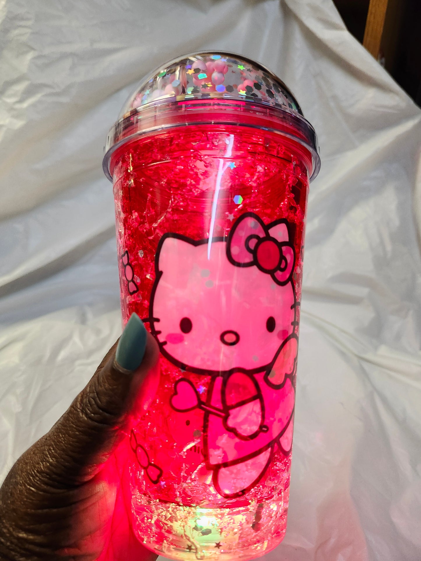 Hello Kitty Glitter Globe Water Bottle Cup With LED changing lights Color Red