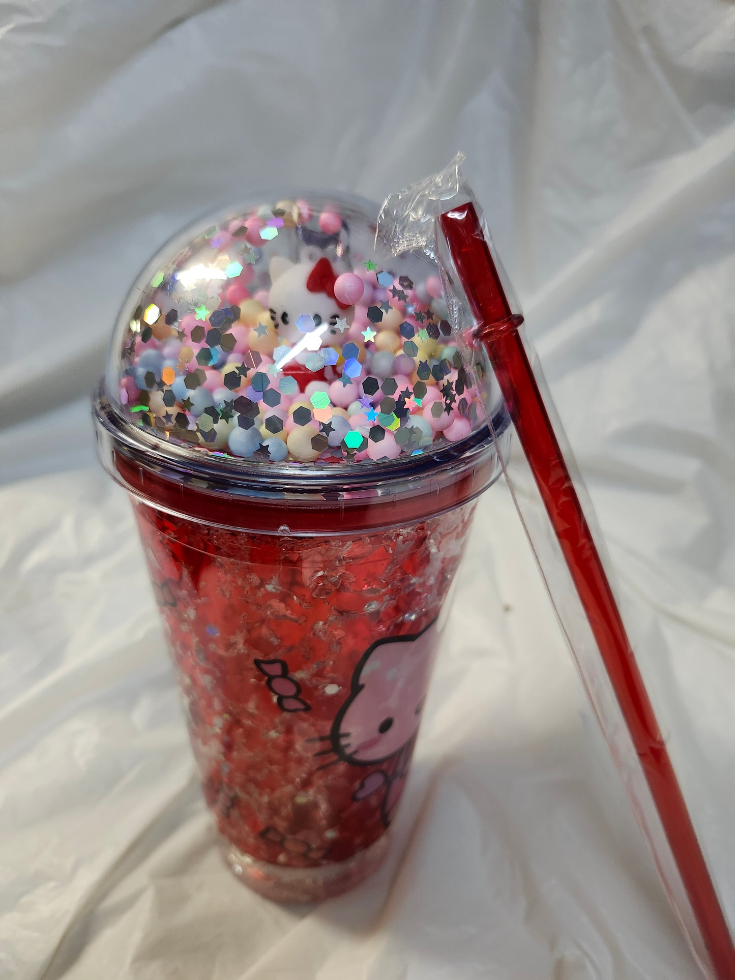 Hello Kitty Glitter Globe Water Bottle Cup With LED changing lights Color Red