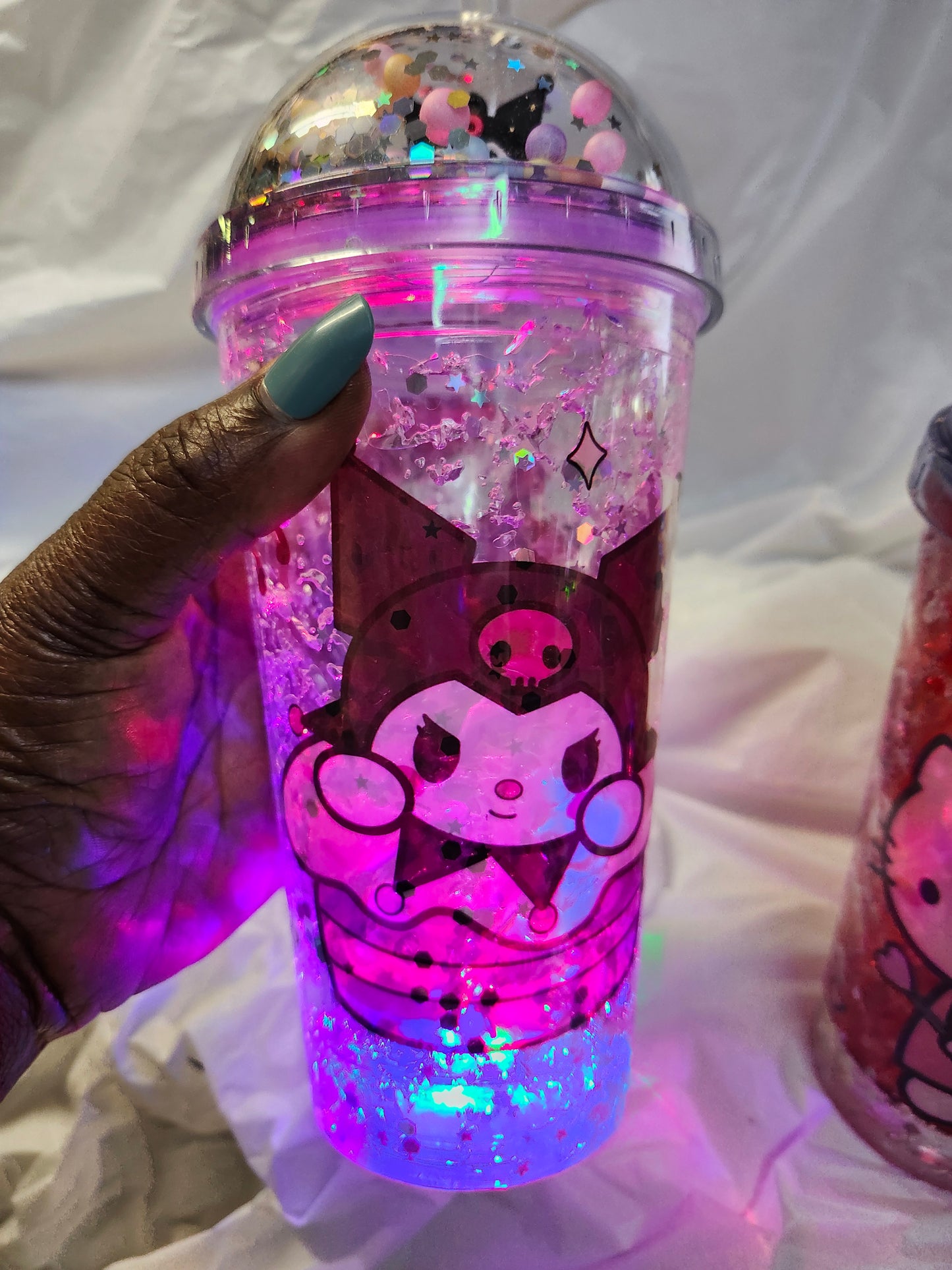 Hello Kitty Glitter Globe Water Bottle Cup With LED changing lights Color Clear