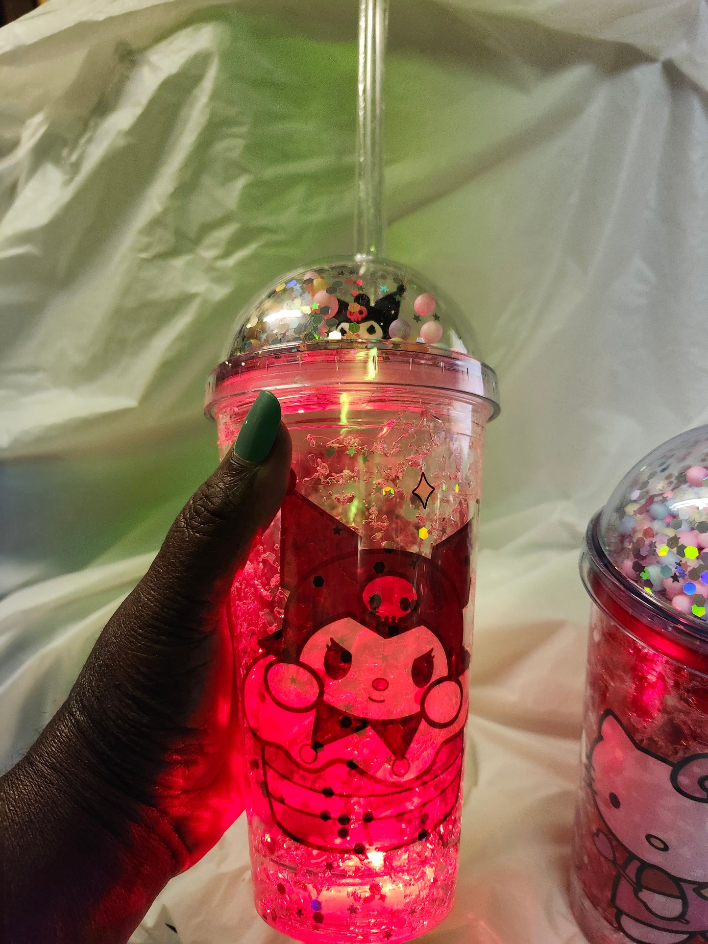 Hello Kitty Glitter Globe Water Bottle Cup With LED changing lights Color Clear