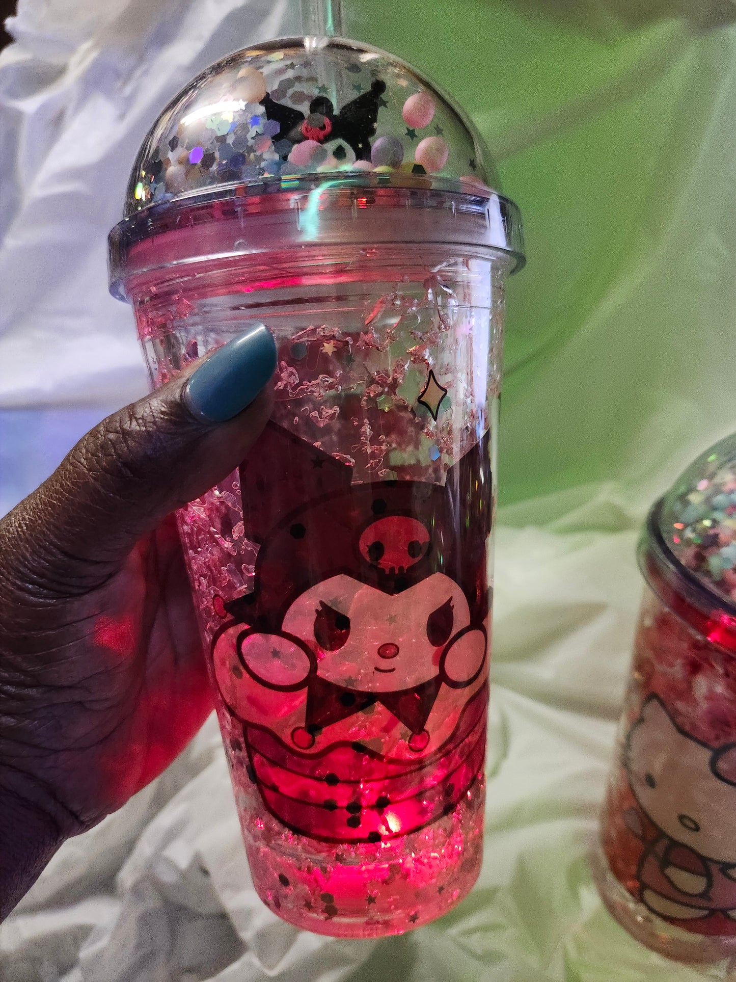 Hello Kitty Glitter Globe Water Bottle Cup With LED changing lights Color Clear