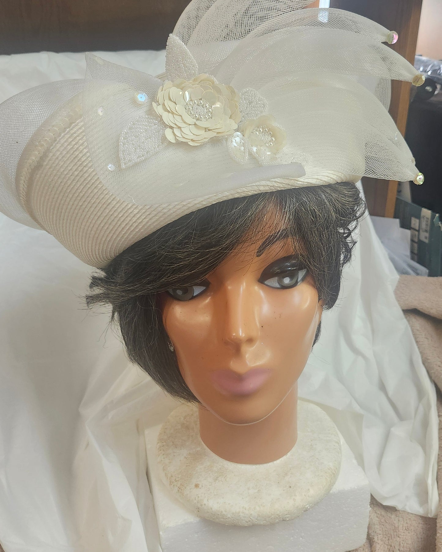 Beautiful Beaded FancyDress Hat Color Ivory By: Deborah Of NY " Mothers Day Arrivale"