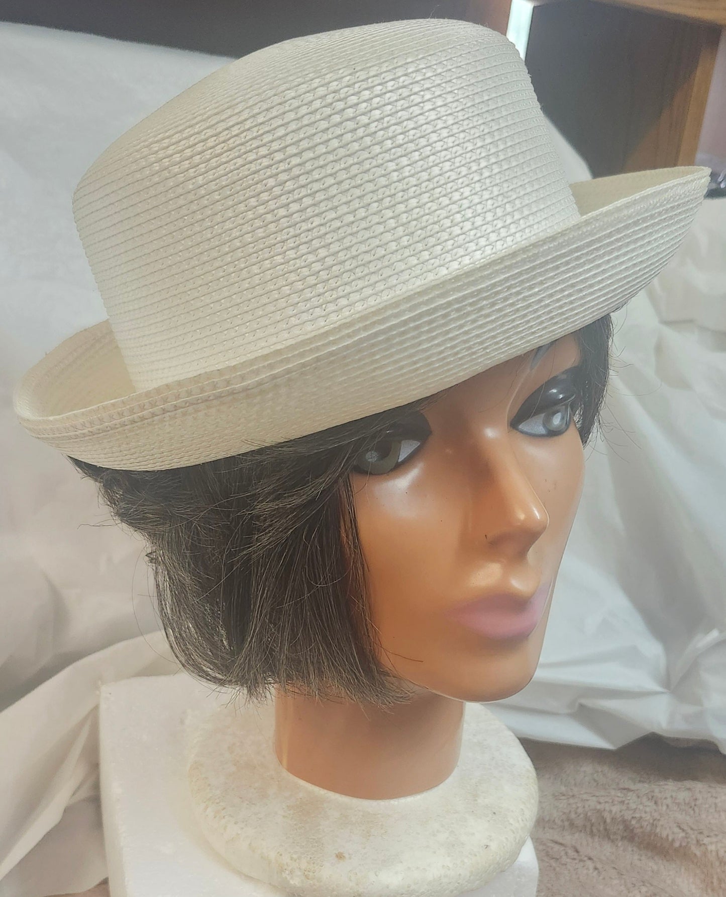 Off White Vintage Up Brim Straw Hat Base. Just In Time For Mother's Day