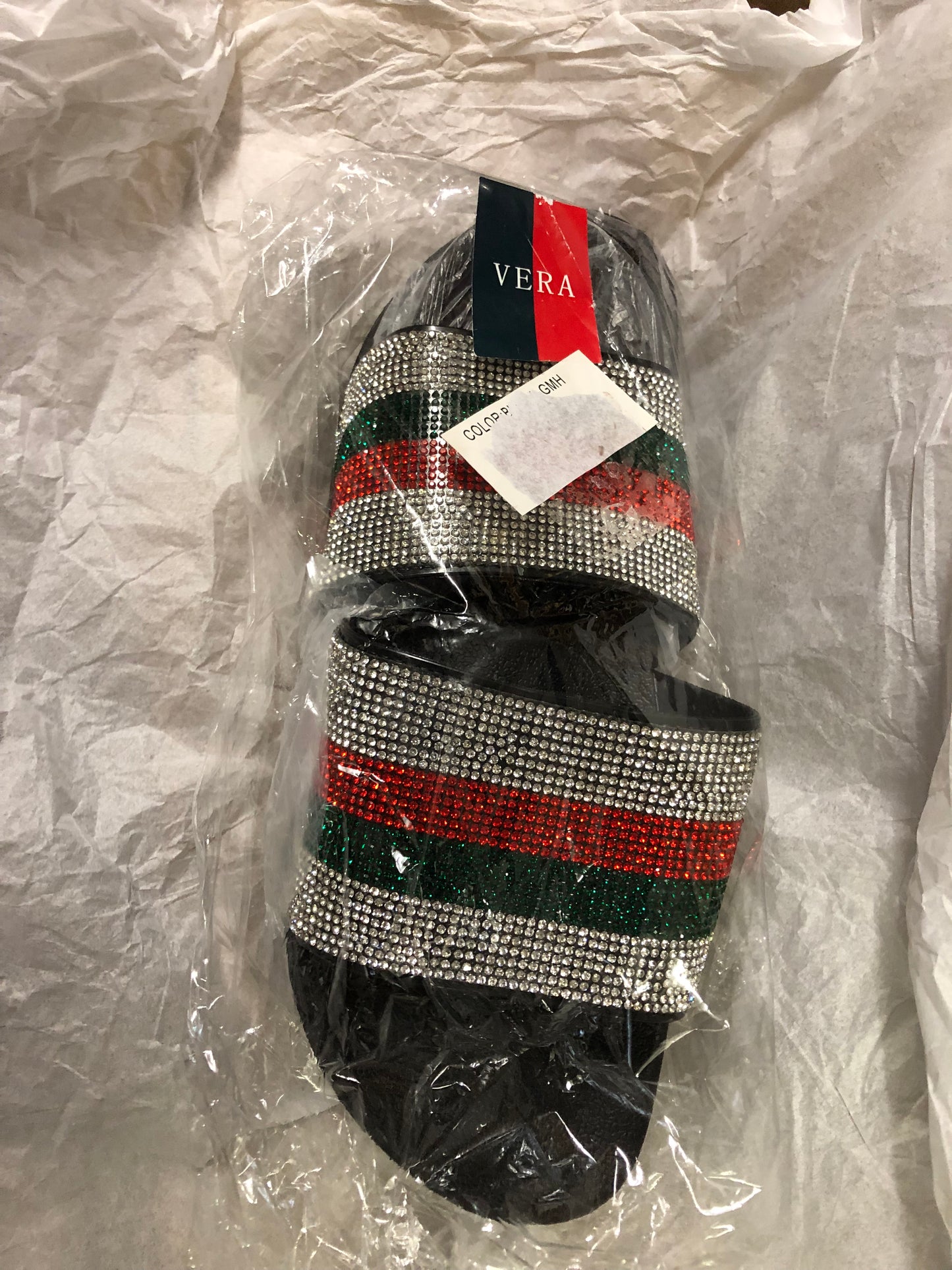 Woman Red And Green Stripe Silver bling Slide Size 11 "New Arrival"