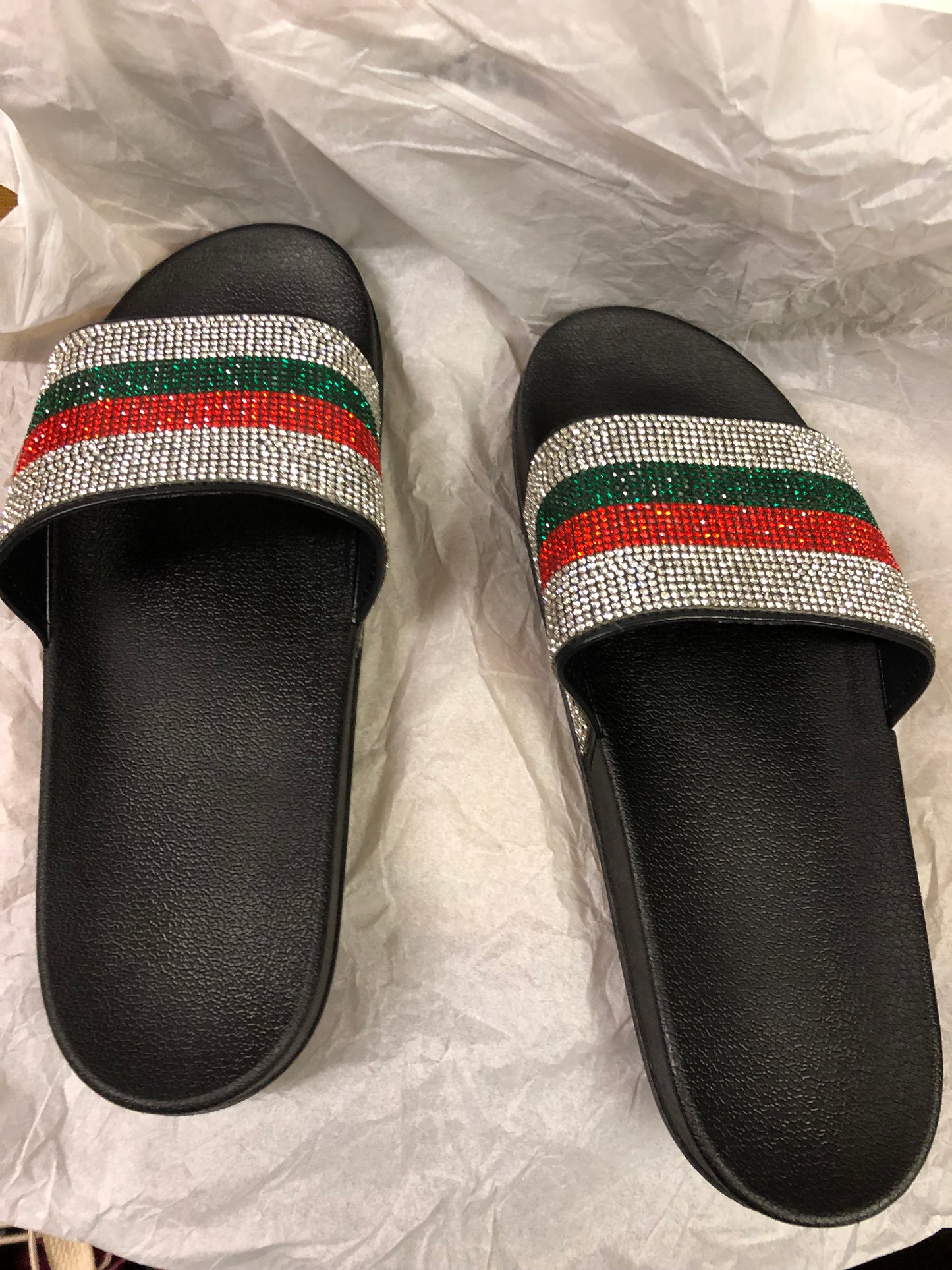 Woman Red And Green Stripe Silver bling Slide Size 11 "New Arrival"
