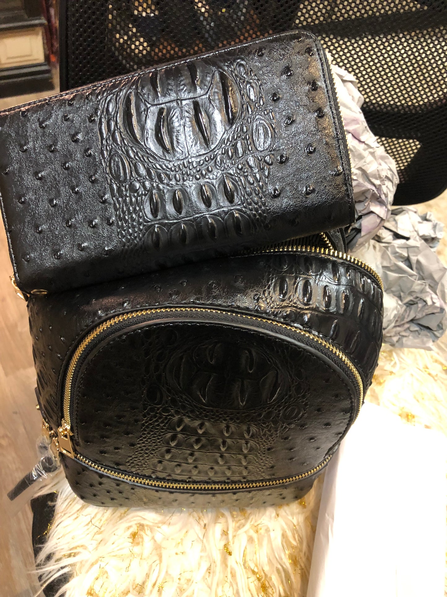 Woman Double Zip Croc Backpack With Wristlet Wallet Color Black "New Arrival" "SOLD OUT" Thanks For Your Purchase