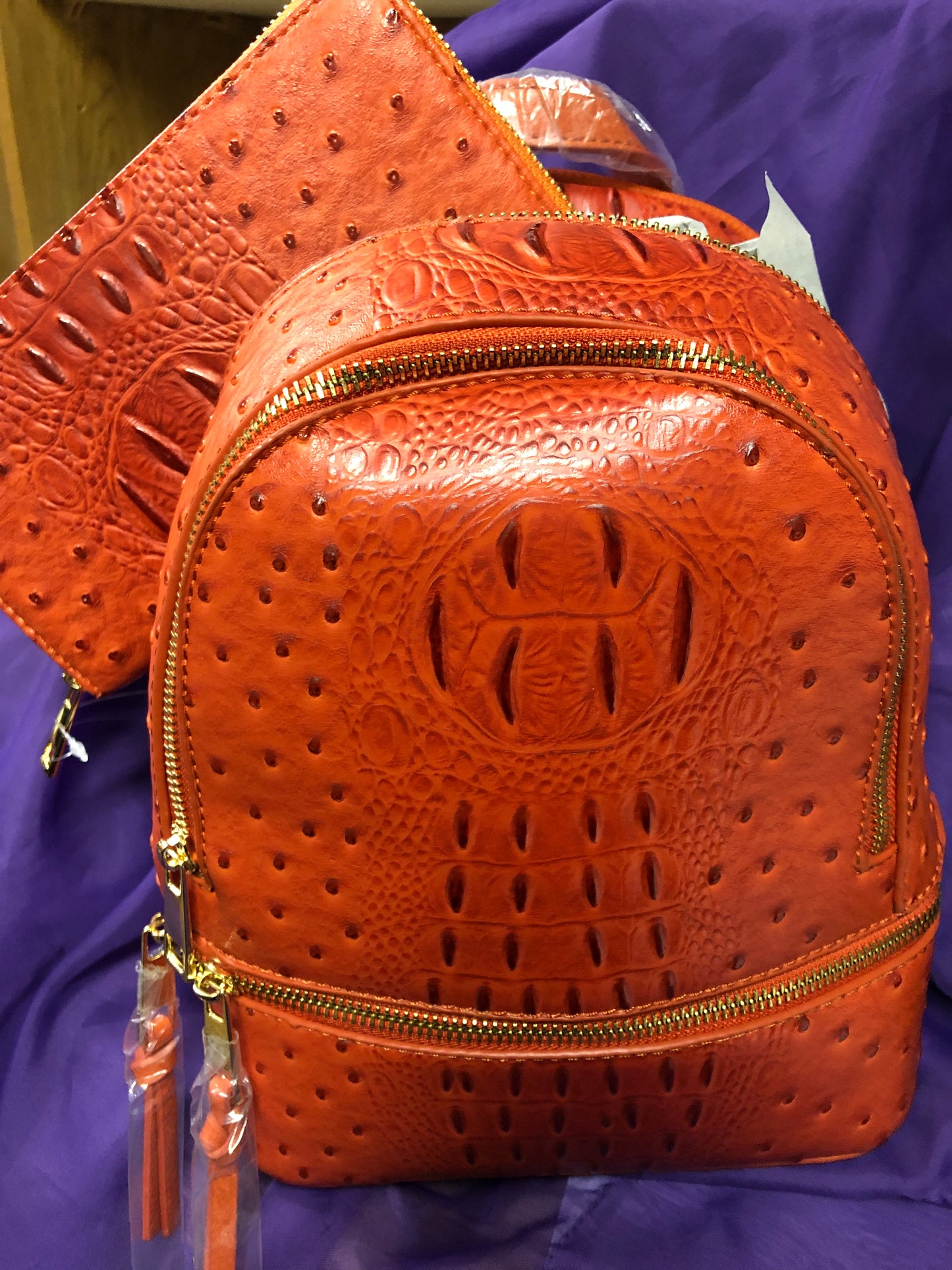 Woman Double Zip Croc Backpack With Wristlet Wallet Color Burnt Orange "New Arrival" Thanks For Your Purchase (SOLD OUT)
