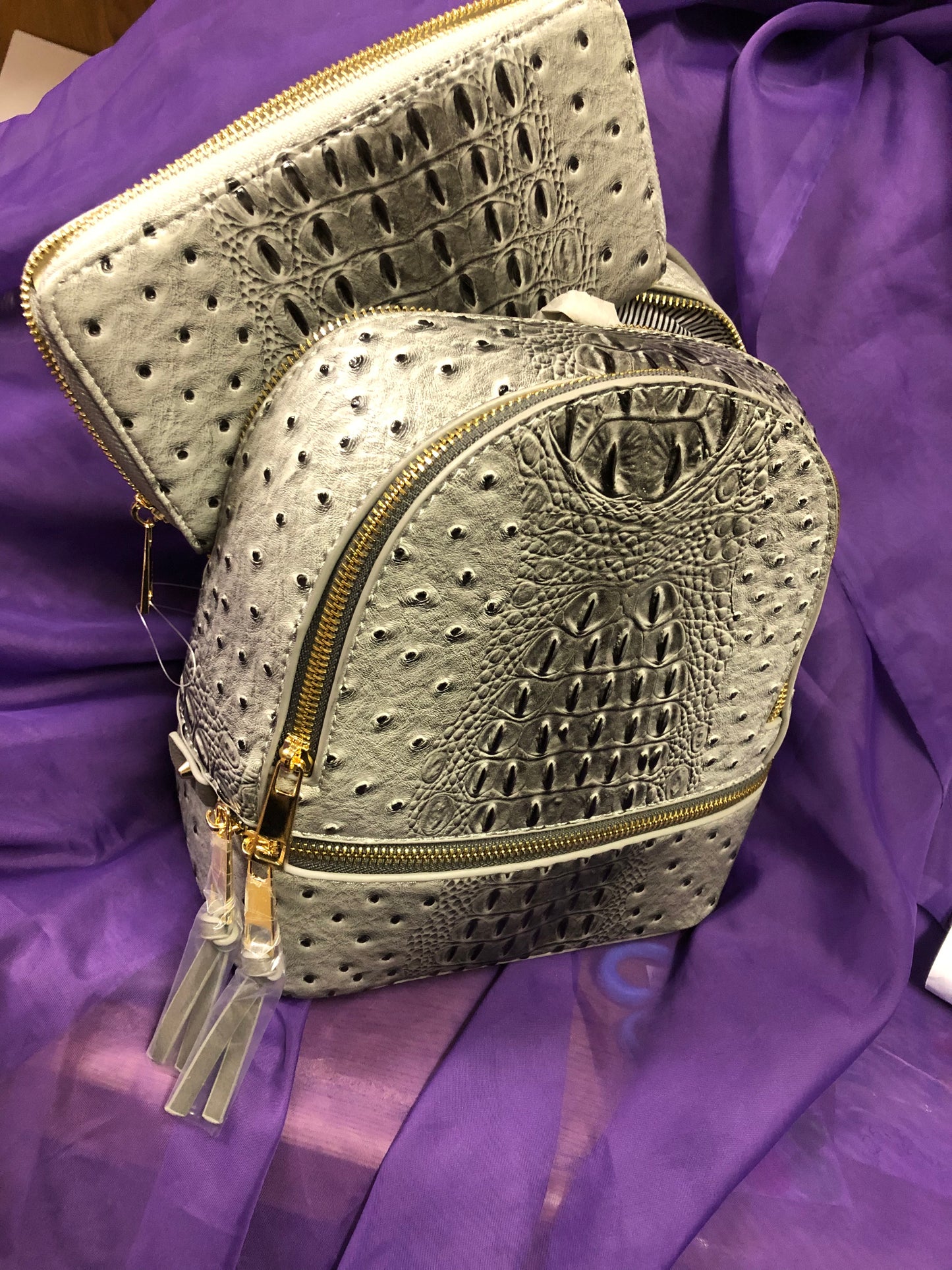 Woman Backpack Double Zip Croc With Wallet Color Gray "New Arrival" "CATCH THE SALE GOING ON NOW" Make A Great Graduation Gift"