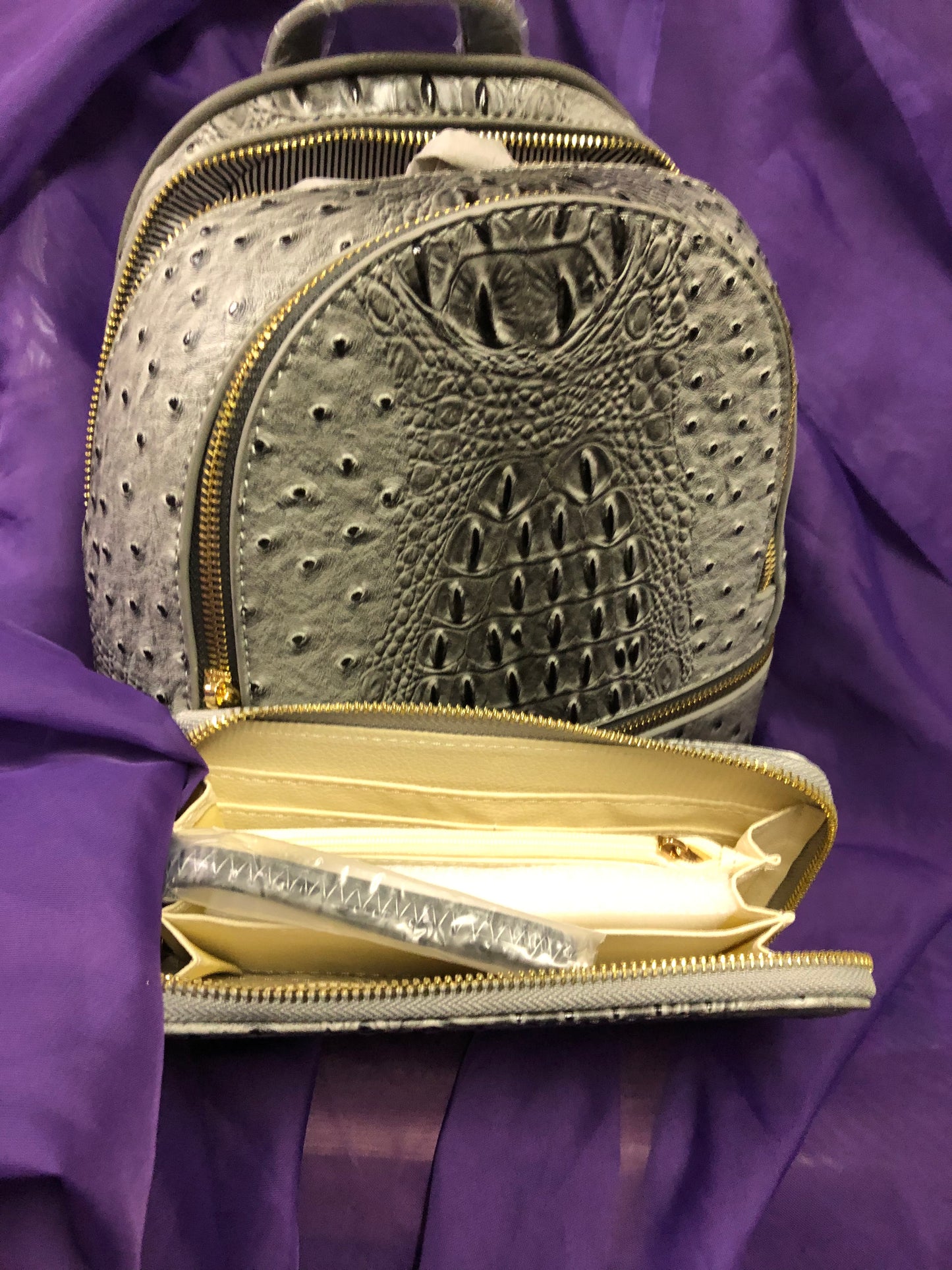 Woman Backpack Double Zip Croc With Wallet Color Gray "New Arrival" "CATCH THE SALE GOING ON NOW" Make A Great Graduation Gift"