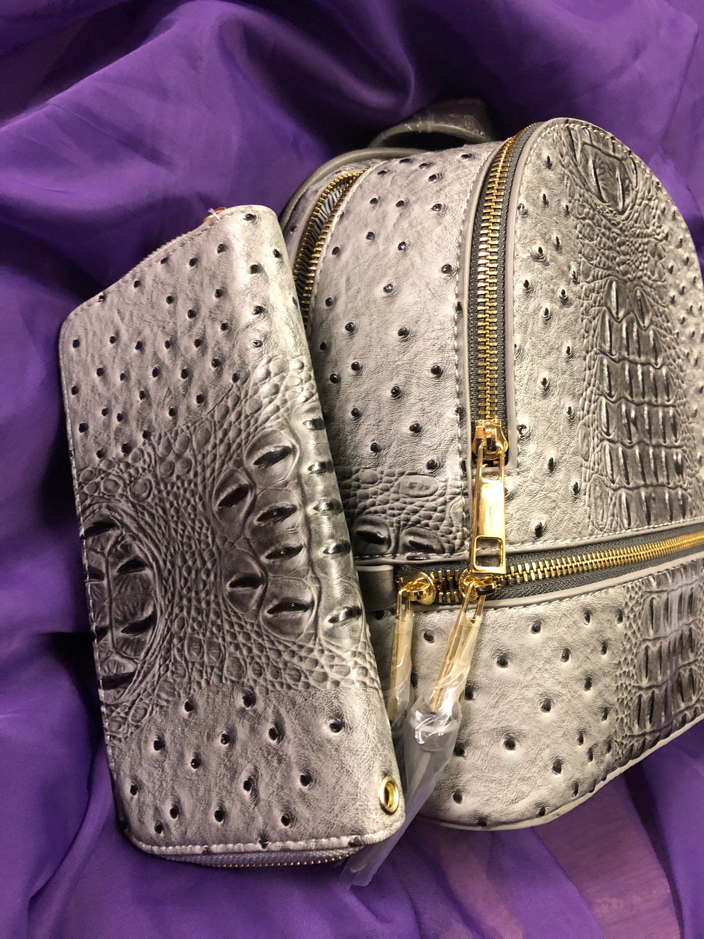 Woman Backpack Double Zip Croc With Wallet Color Gray "New Arrival" "CATCH THE SALE GOING ON NOW" Make A Great Graduation Gift"
