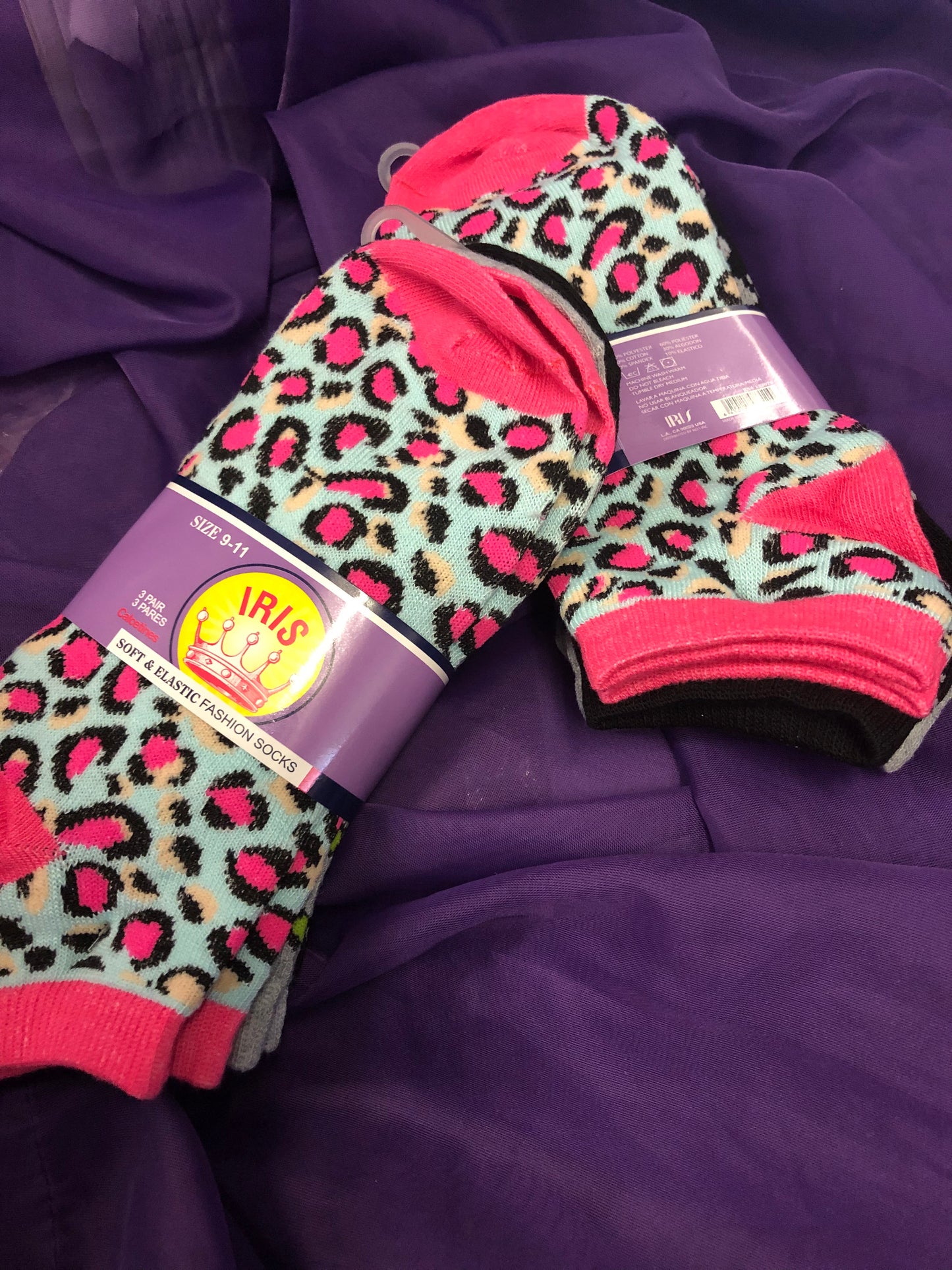 Woman Fashion Soft & Elastic Socks3/Pair Size 9-11 Cheetah Print Colors (Purple, Tan, Green)Pink, Gray And Black.
