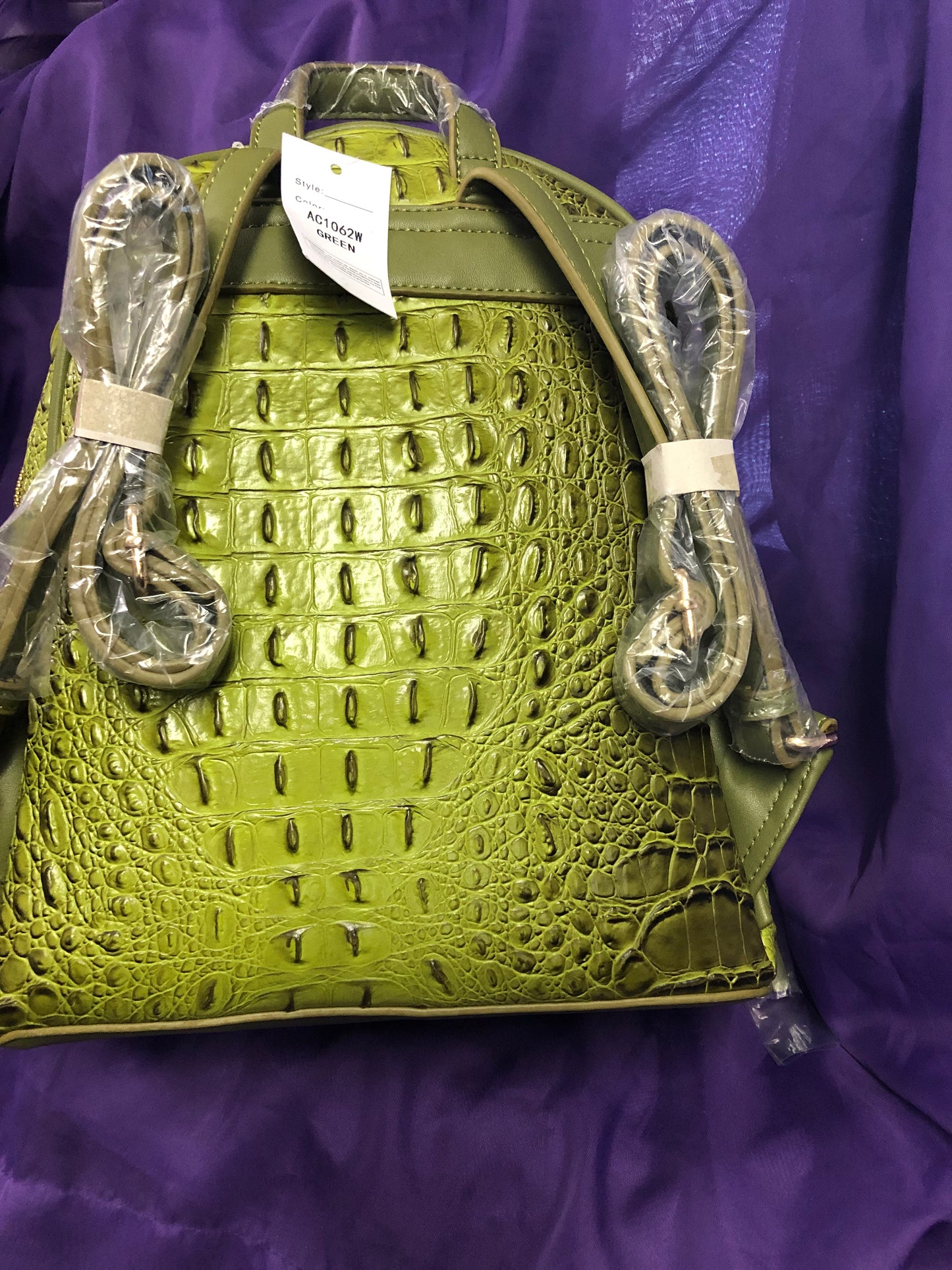 Woman Double Zip Fashion Chic Croc Backpack With Wallet Color Pea Green "New Arrival" "CATCH THE SALE GOING ON NOW" Make A Great Graduation Gift"