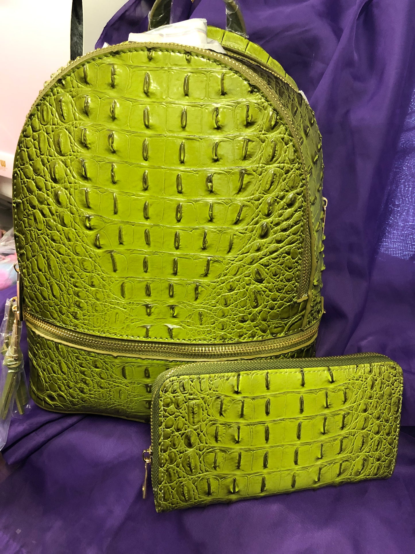 Woman Double Zip Fashion Chic Croc Backpack With Wallet Color Pea Green "New Arrival" "CATCH THE SALE GOING ON NOW" Make A Great Graduation Gift"