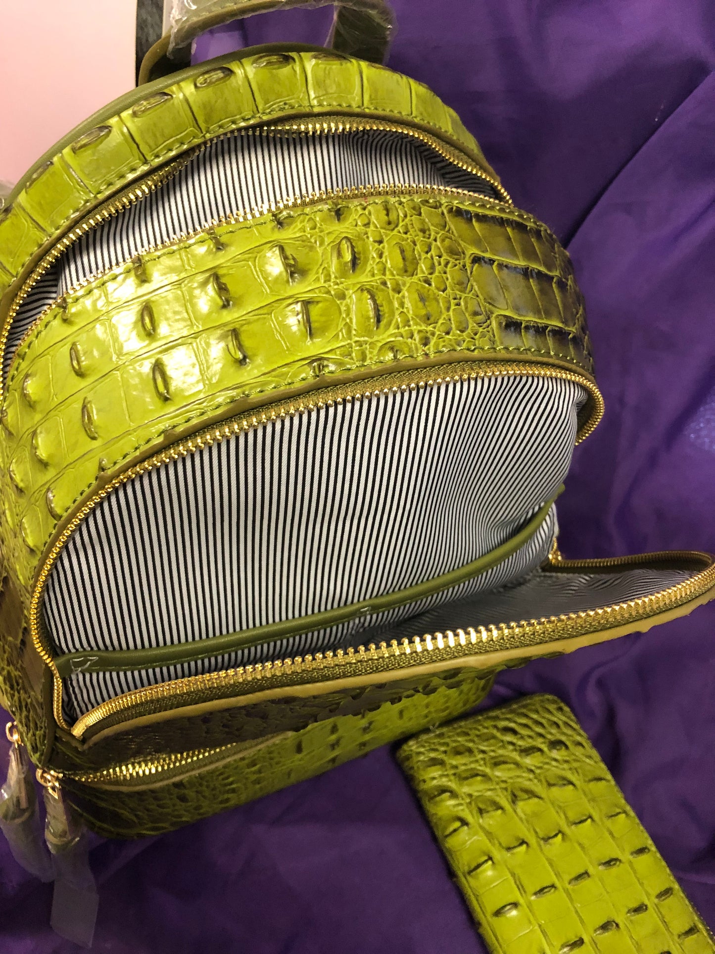 Woman Double Zip Fashion Chic Croc Backpack With Wallet Color Pea Green "New Arrival" "CATCH THE SALE GOING ON NOW" Make A Great Graduation Gift"