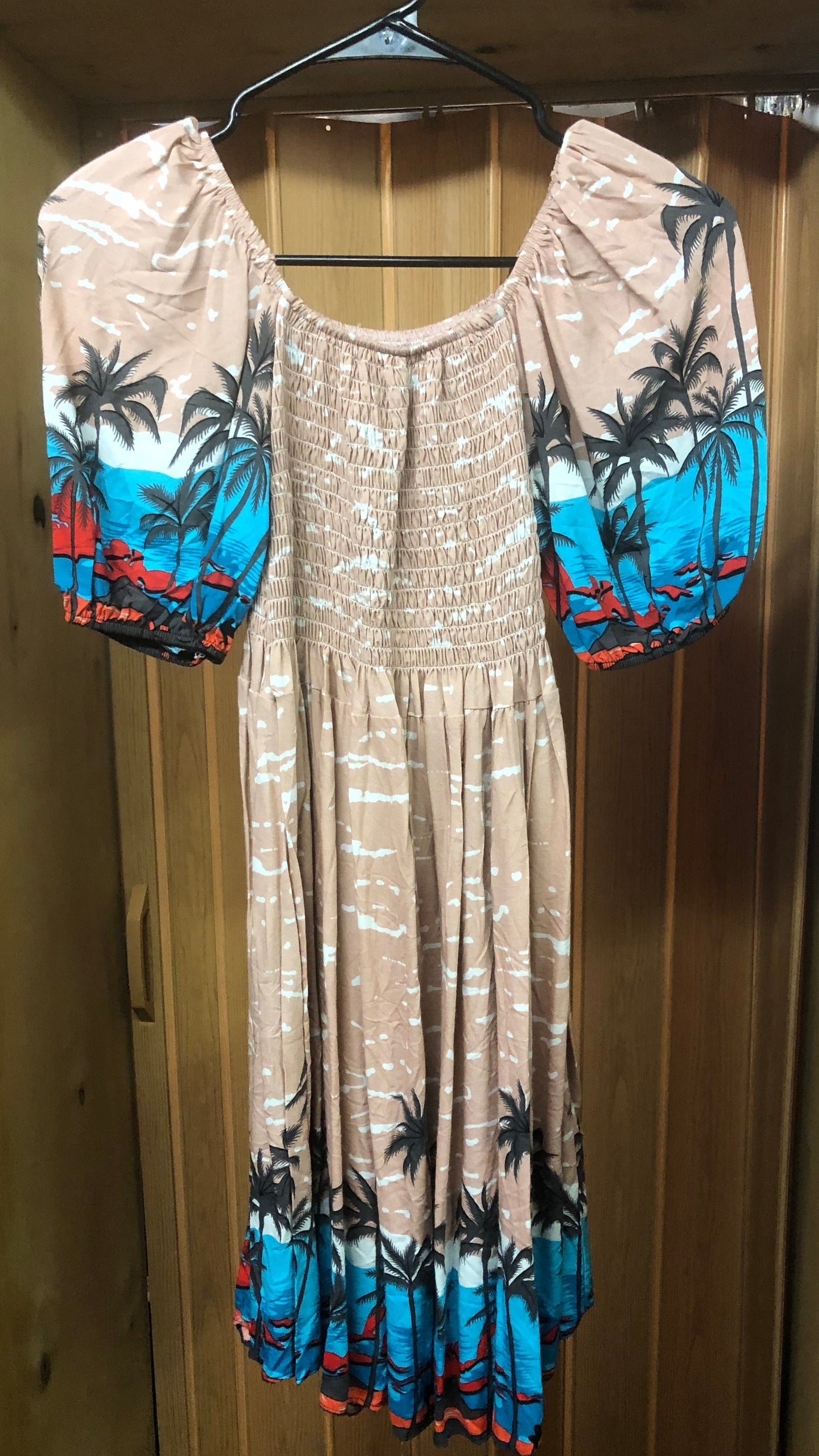 Summer Romper Dress Color Tan Or Cream Color With Tropical Print "New Arrival"