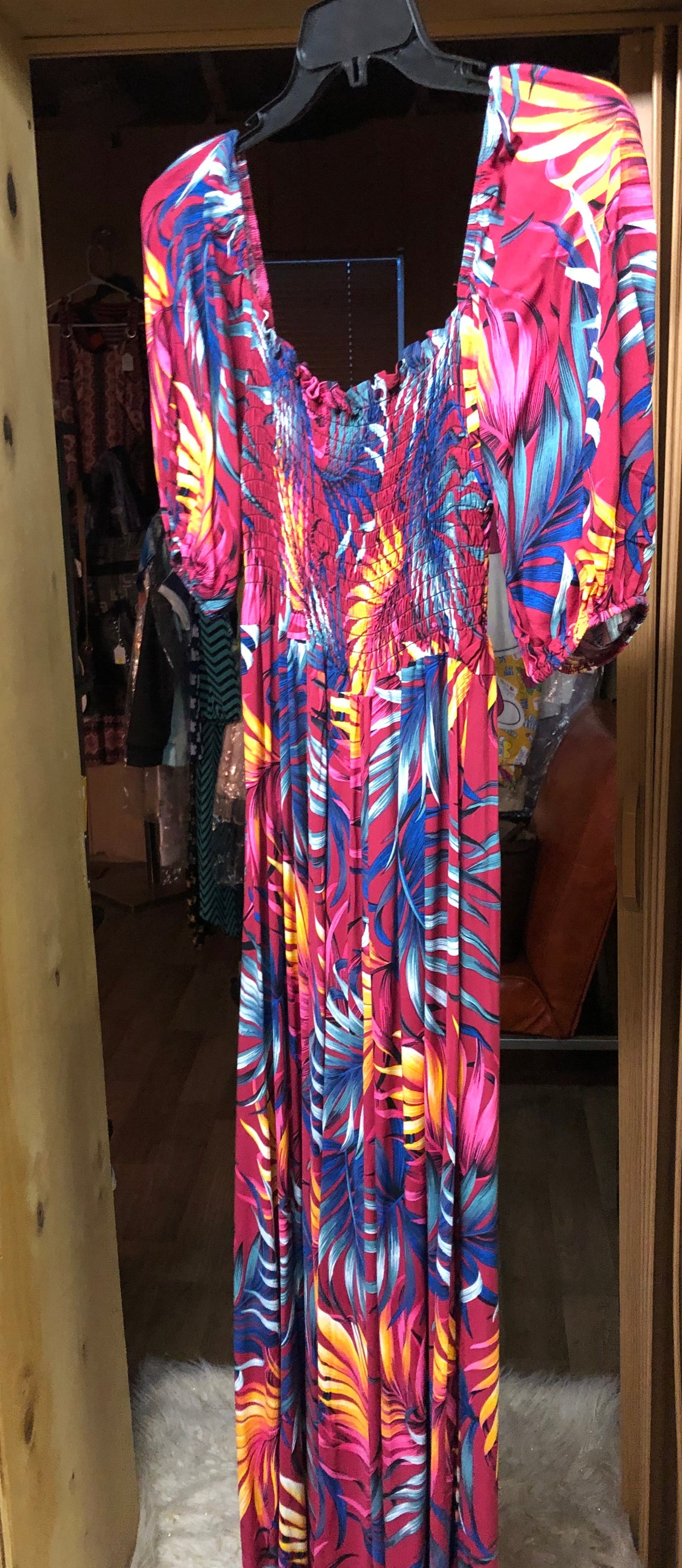 Woman Maxi Long Summer Dress Slip On Dress Size Med./Large Wine Color With Tropical."New Arrival" SOLD OUT