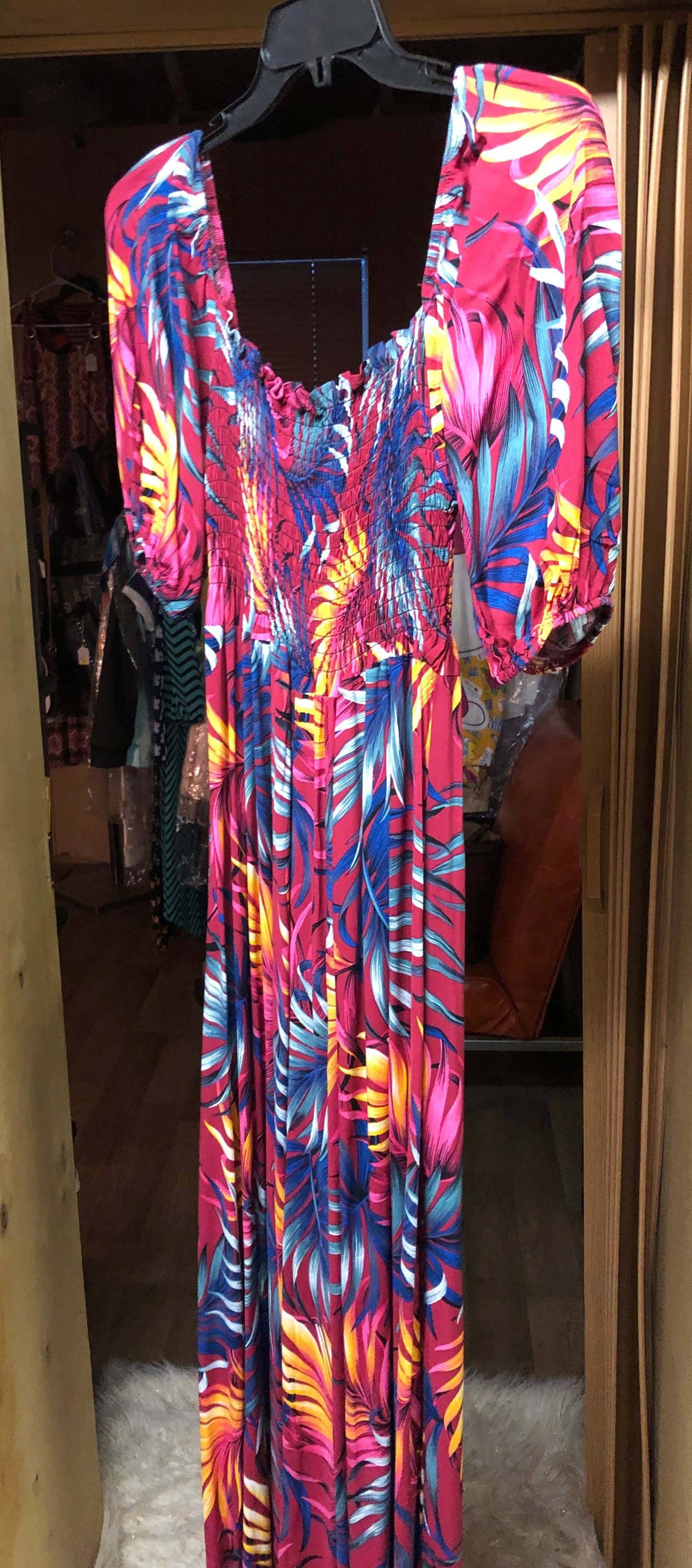 Woman Maxi Long Summer Dress Slip On Dress Size Med./Large Wine Color With Tropical."New Arrival" SOLD OUT