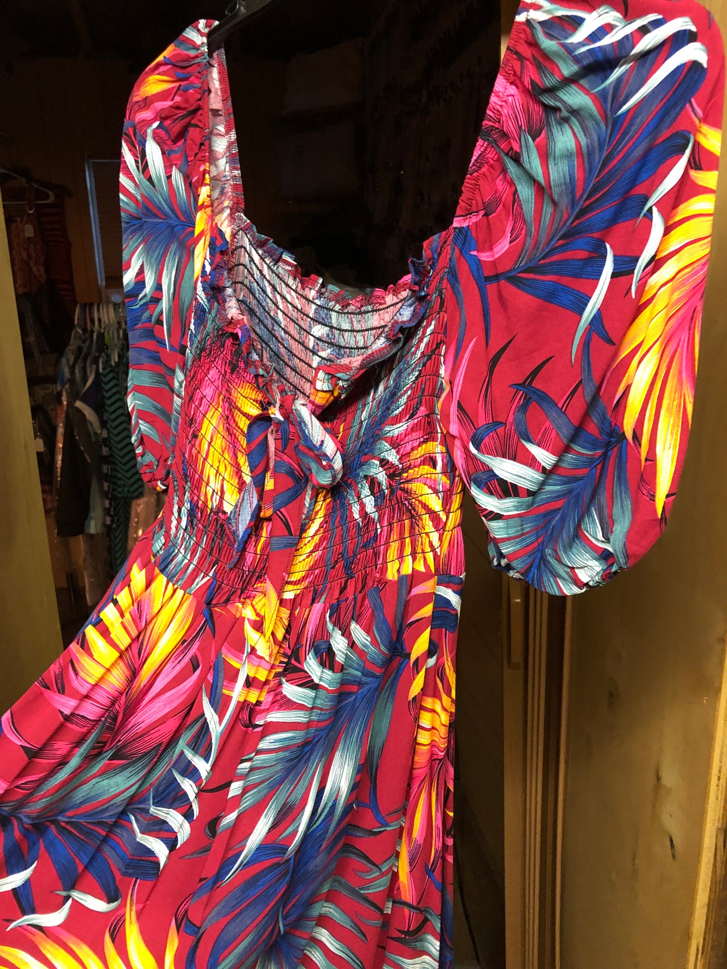 Woman Maxi Long Summer Dress Slip On Dress Size Med./Large Wine Color With Tropical."New Arrival" SOLD OUT