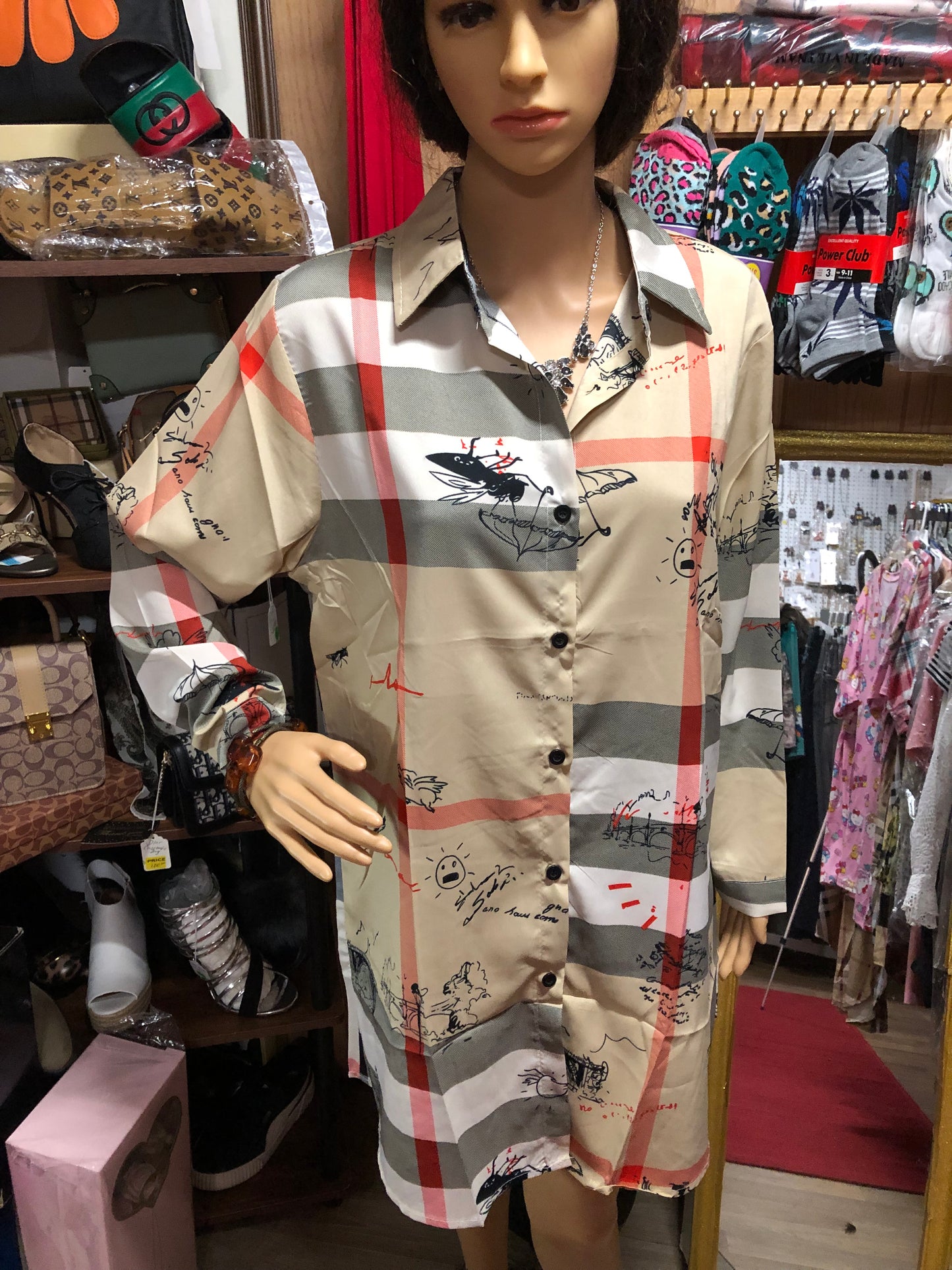 Woman Long Sleeves Plaid Inspired Design Button Front Shirt Dress Size Med. "New Arrival"