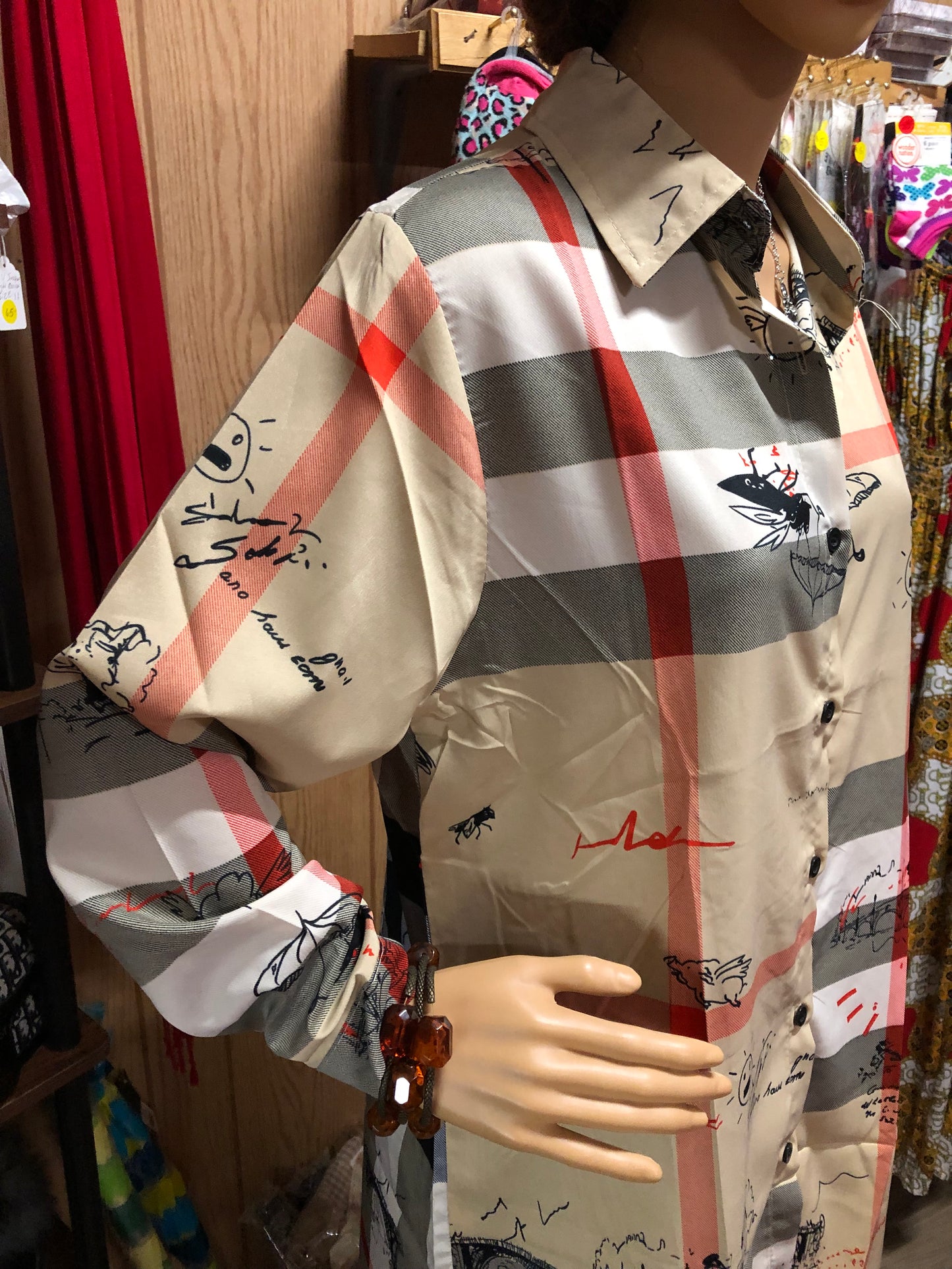 Woman Long Sleeves Plaid Inspired Design Button Front Shirt Dress Size Med. "New Arrival"