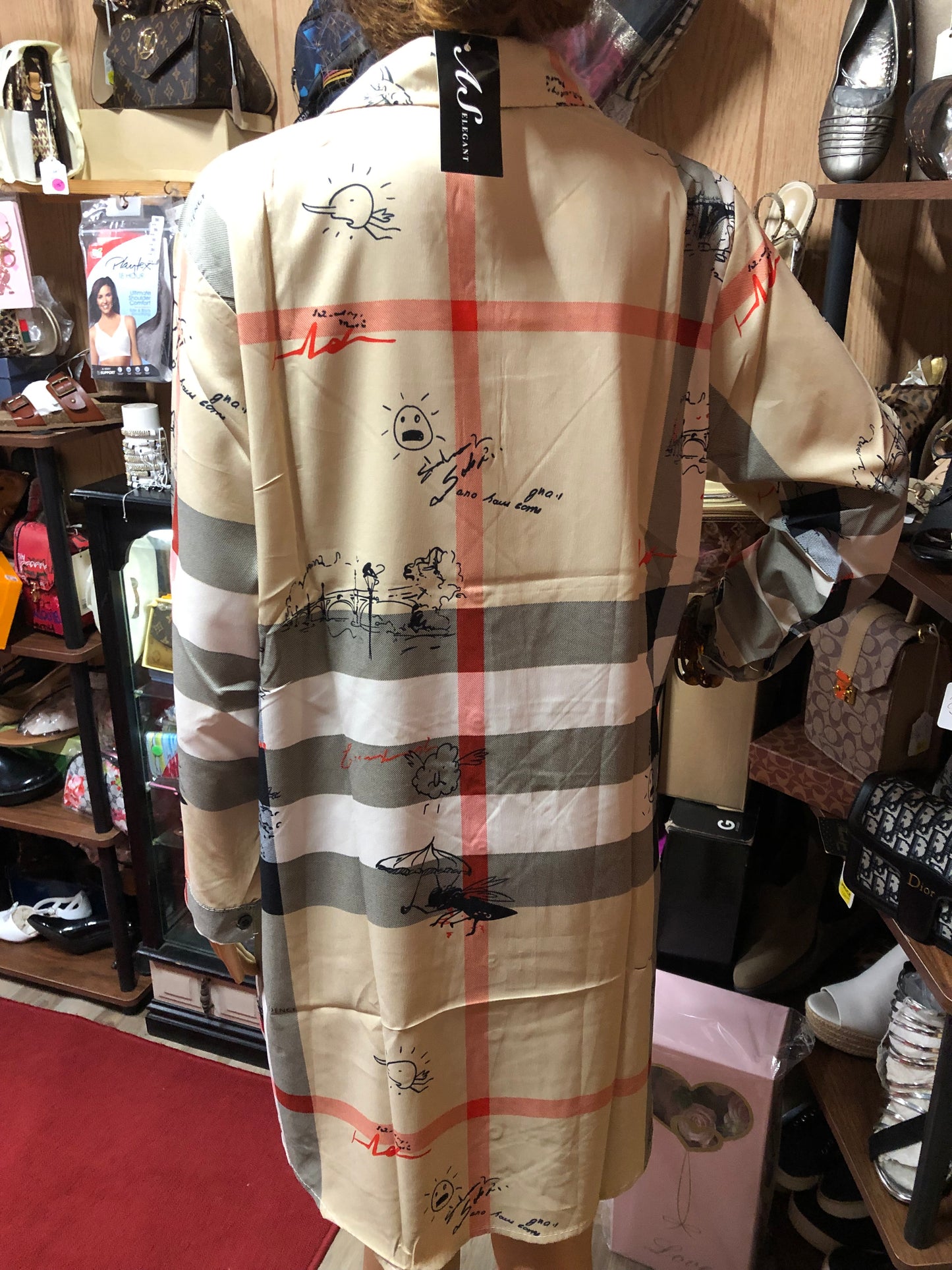 Woman Long Sleeves Plaid Inspired Design Button Front Shirt Dress Size Med. "New Arrival"