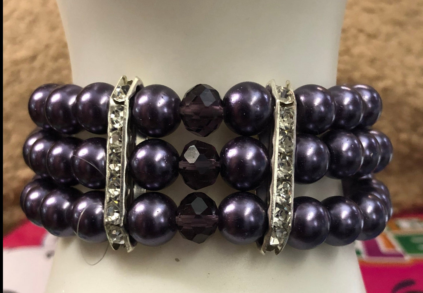 Woman 3 Stack Fashion Stretchy Pearl Crackle Stone Bracelet With Bling Inserts"New Arrival Comes In 7 Colorsl"