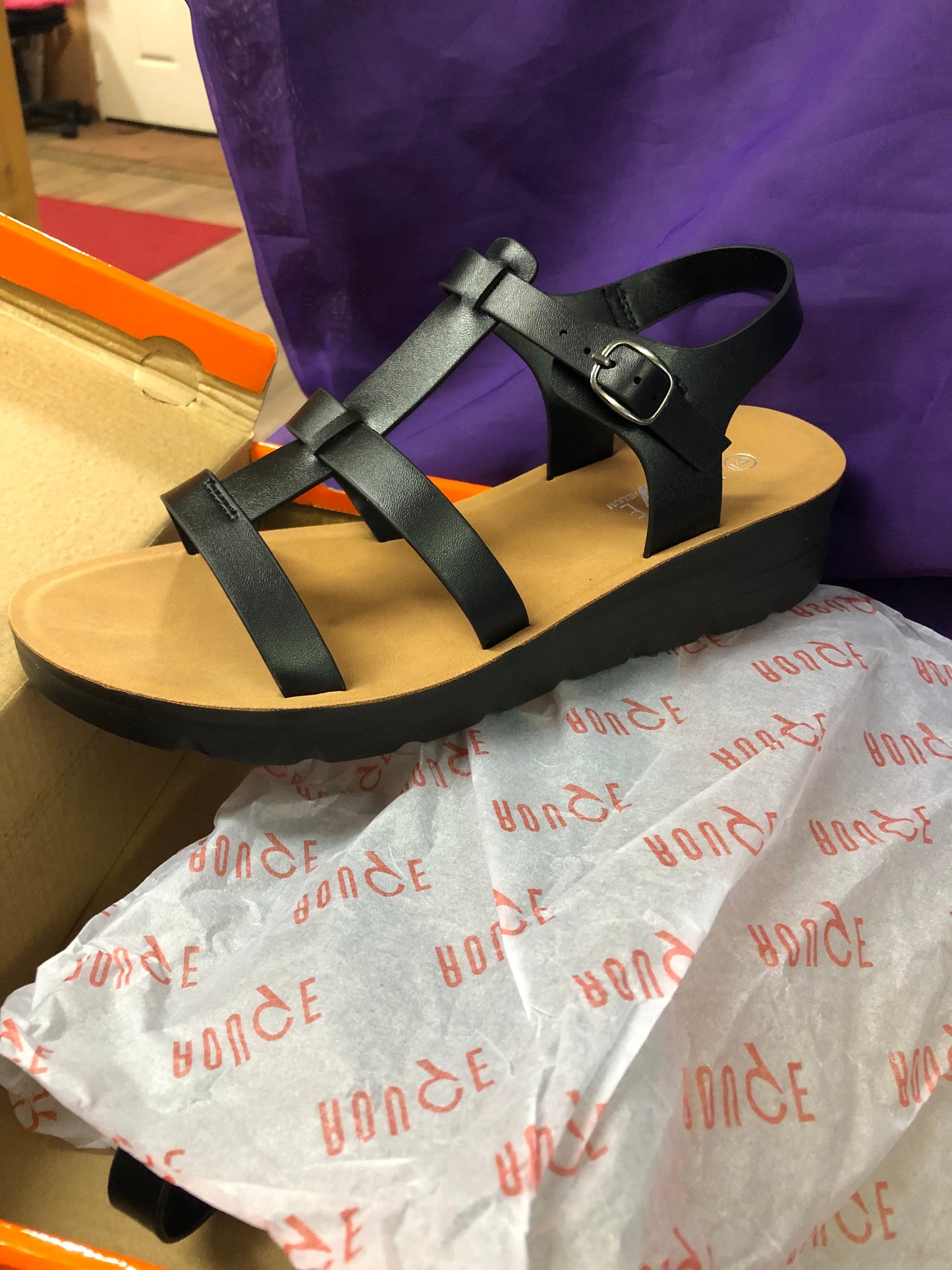 Woman T-Strap Black Sandal Size 9 Wedge Hill New Arrival With Box "SOLD OUT"