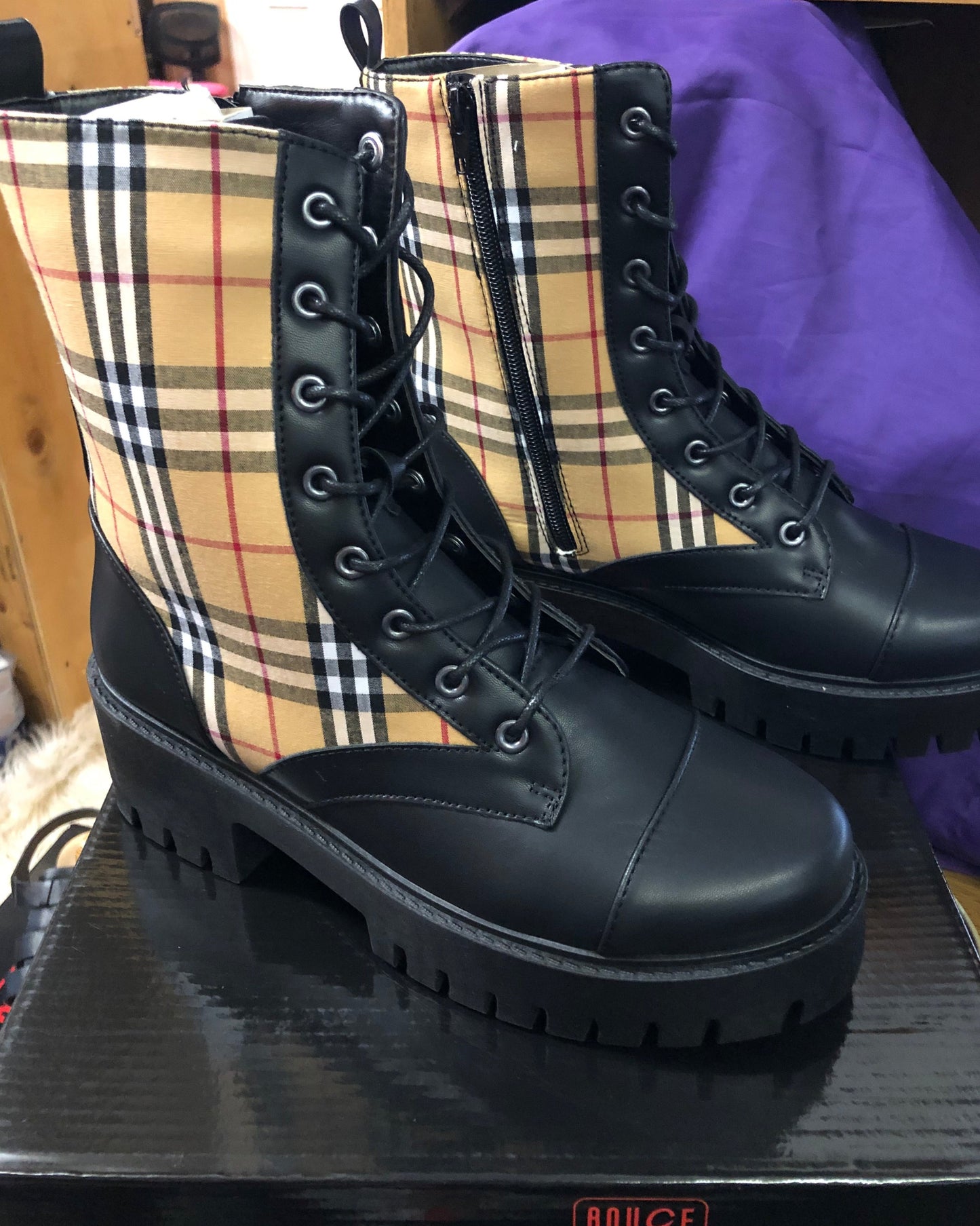 Woman Nappa Pu/Plaid Upper PVC Sole Boot Size 9 By Rouge "New Fall Arrival" In Box