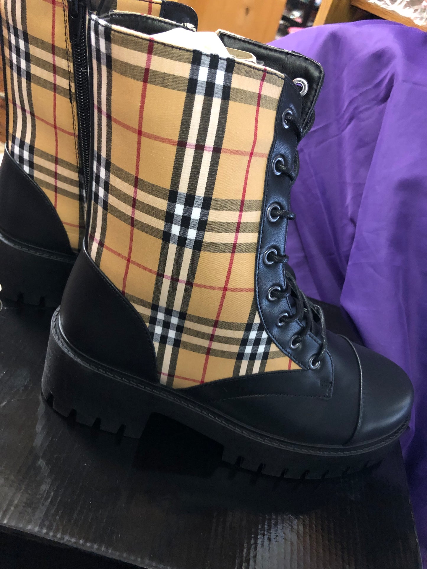 Woman Nappa Pu/Plaid Upper PVC Sole Boot Size 9 By Rouge "New Fall Arrival" In Box