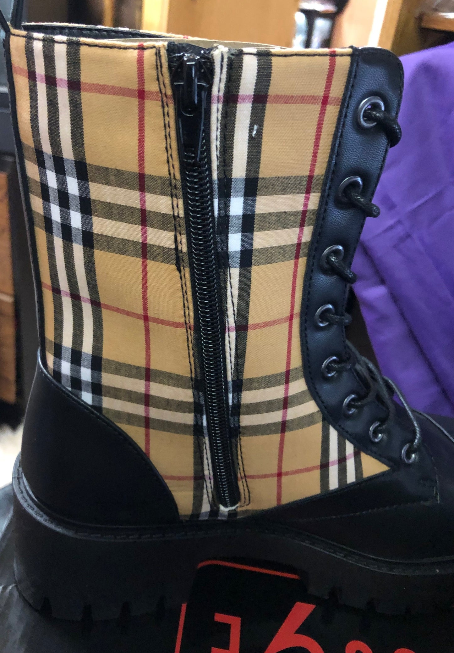 Woman Nappa Pu/Plaid Upper PVC Sole Boot Size 9 By Rouge "New Fall Arrival" In Box