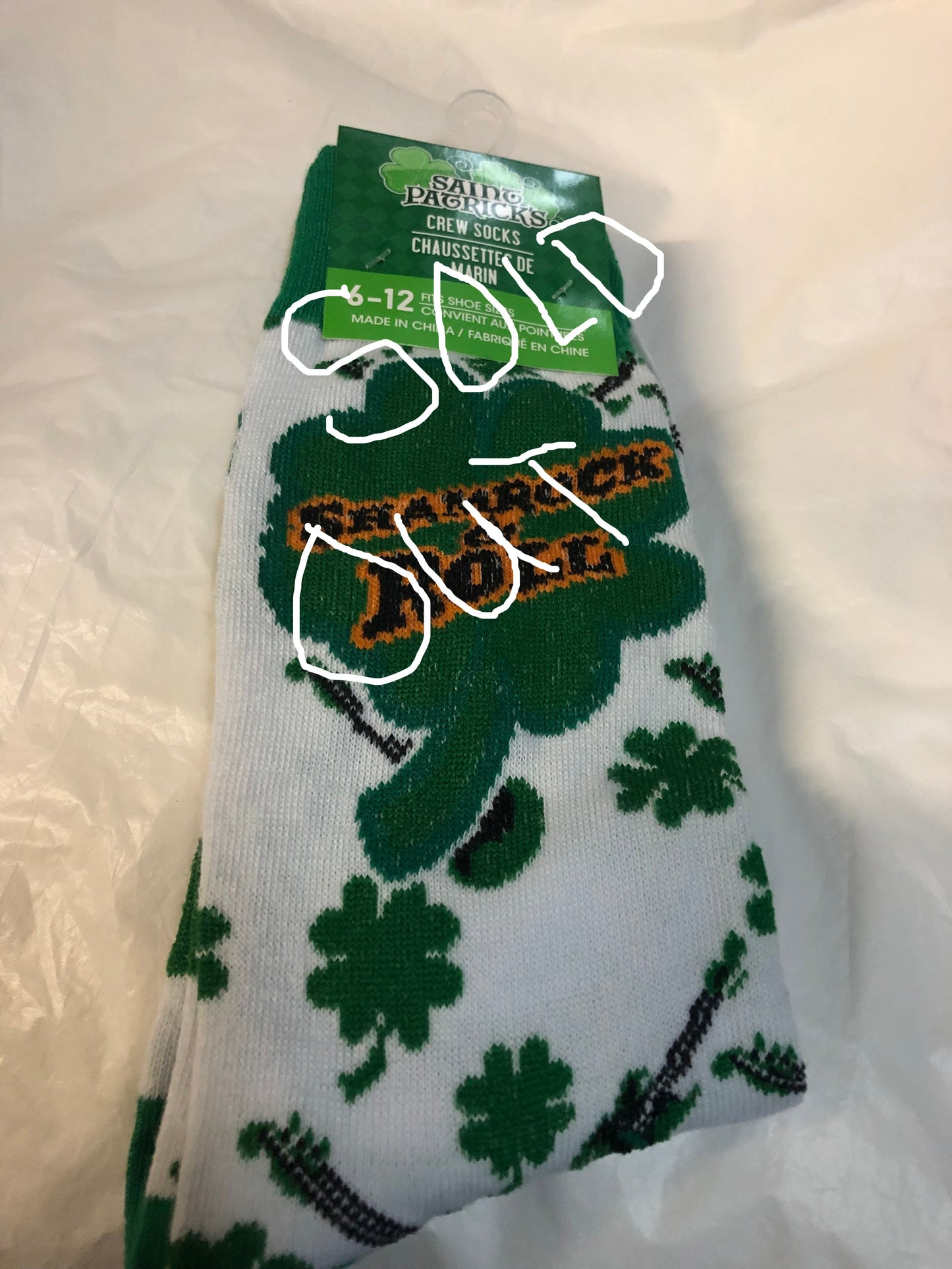 Sant Patrick's Crew Socks Fits Size 6-12 Only 1 Left In Stock @ 10.00 Each. "New Arrival"