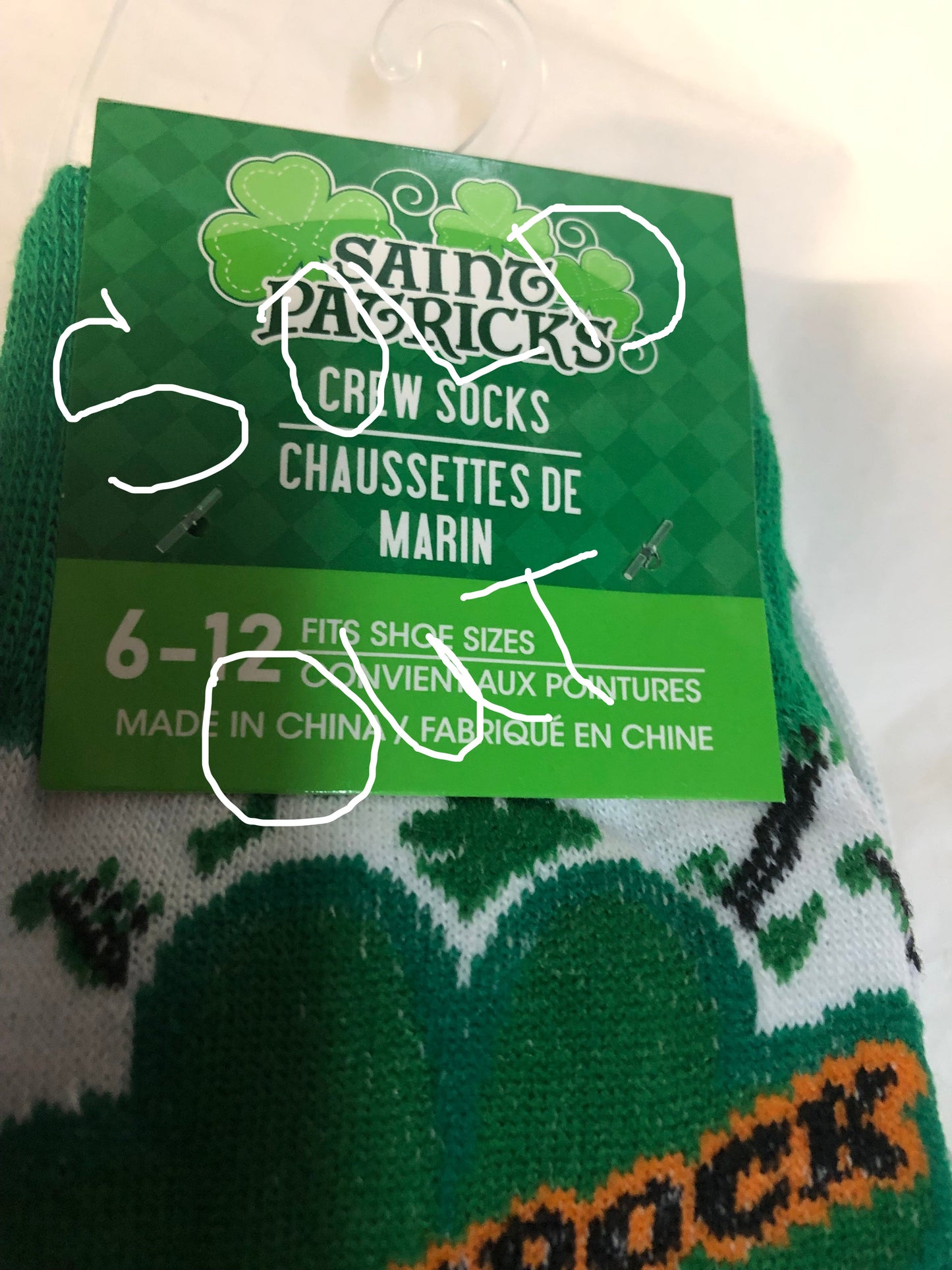 Sant Patrick's Crew Socks Fits Size 6-12 Only 1 Left In Stock @ 10.00 Each. "New Arrival"
