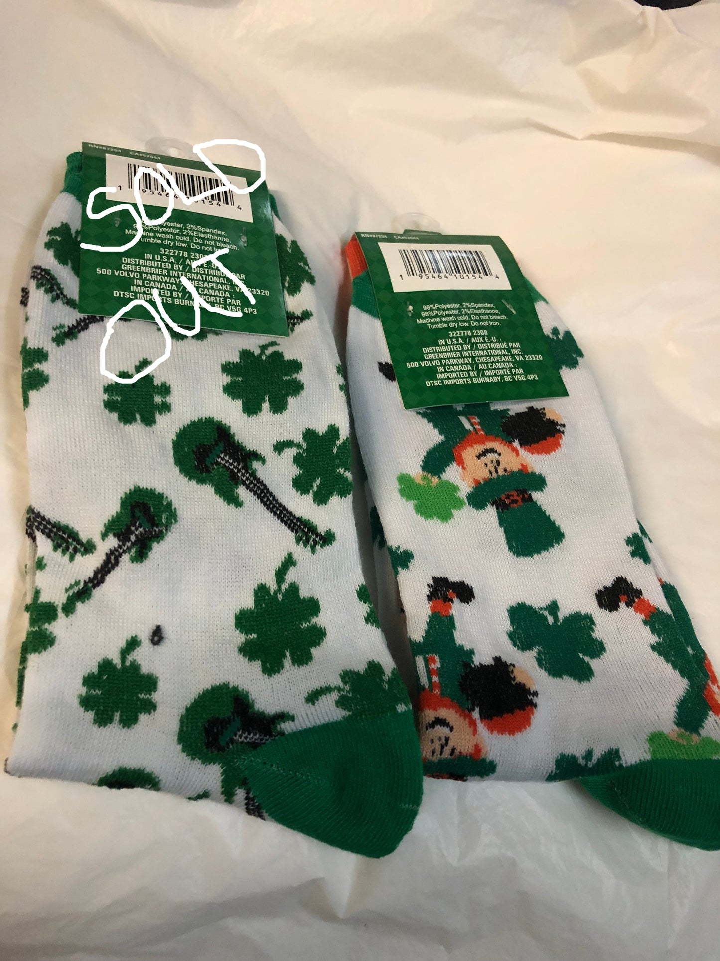Sant Patrick's Crew Socks Fits Size 6-12 Only 1 Left In Stock @ 10.00 Each. "New Arrival"