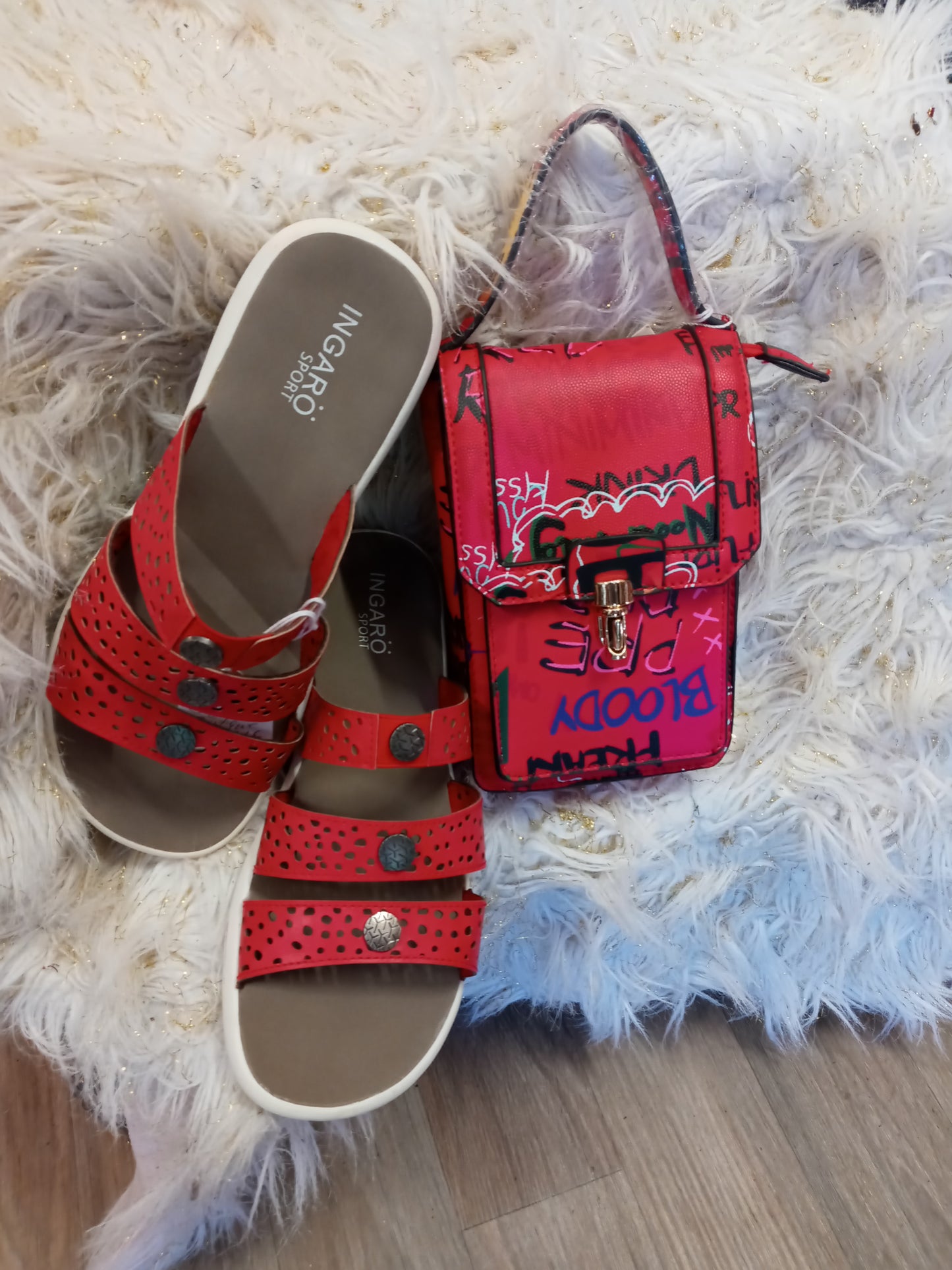 Woman Slides Size 9 Ingaro Sport/Graffiti Crossbody Vegan Bag, "Bundle Deal"