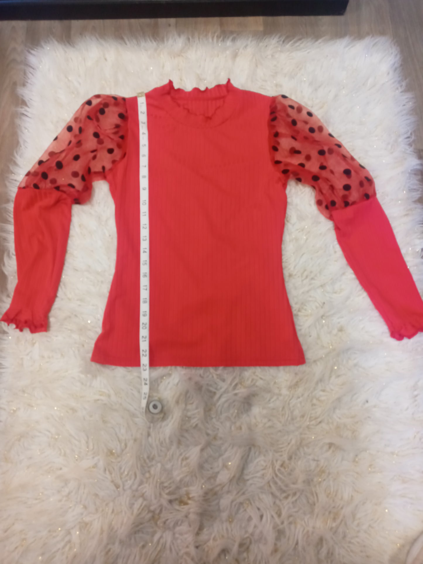 Woman Red Top W/Sheer Polka Dot Sleeves Size M "Great For Valentine's Day" (SOLD OUT)