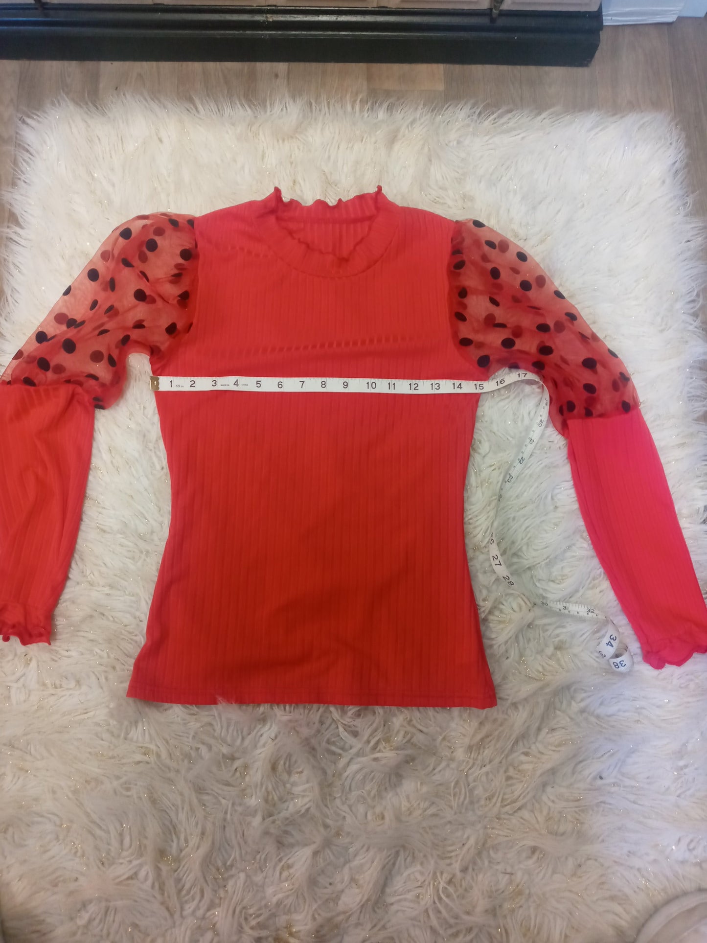 Woman Red Top W/Sheer Polka Dot Sleeves Size M "Great For Valentine's Day" (SOLD OUT)