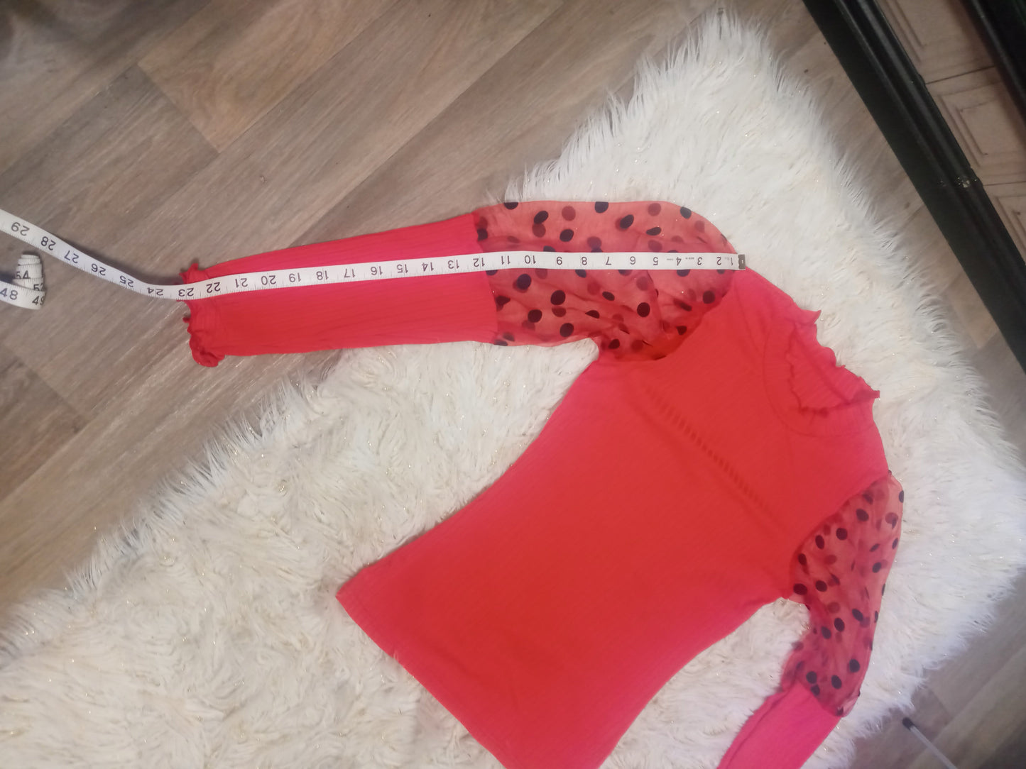 Woman Red Top W/Sheer Polka Dot Sleeves Size M "Great For Valentine's Day" (SOLD OUT)