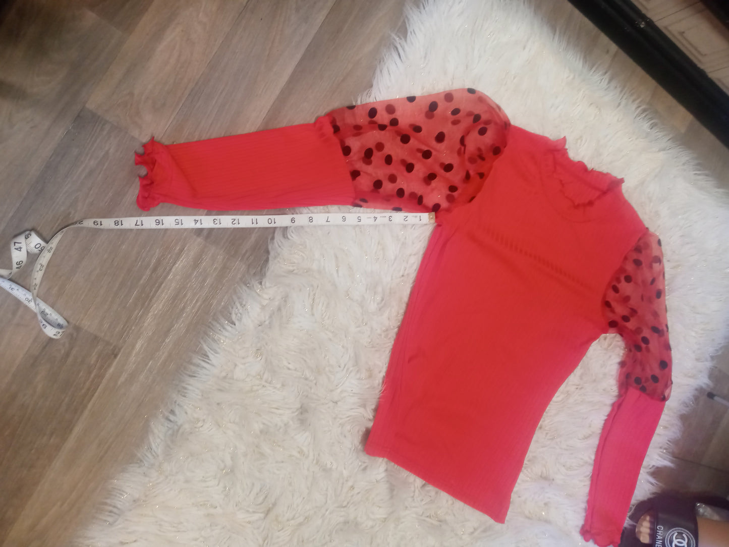 Woman Red Top W/Sheer Polka Dot Sleeves Size M "Great For Valentine's Day" (SOLD OUT)