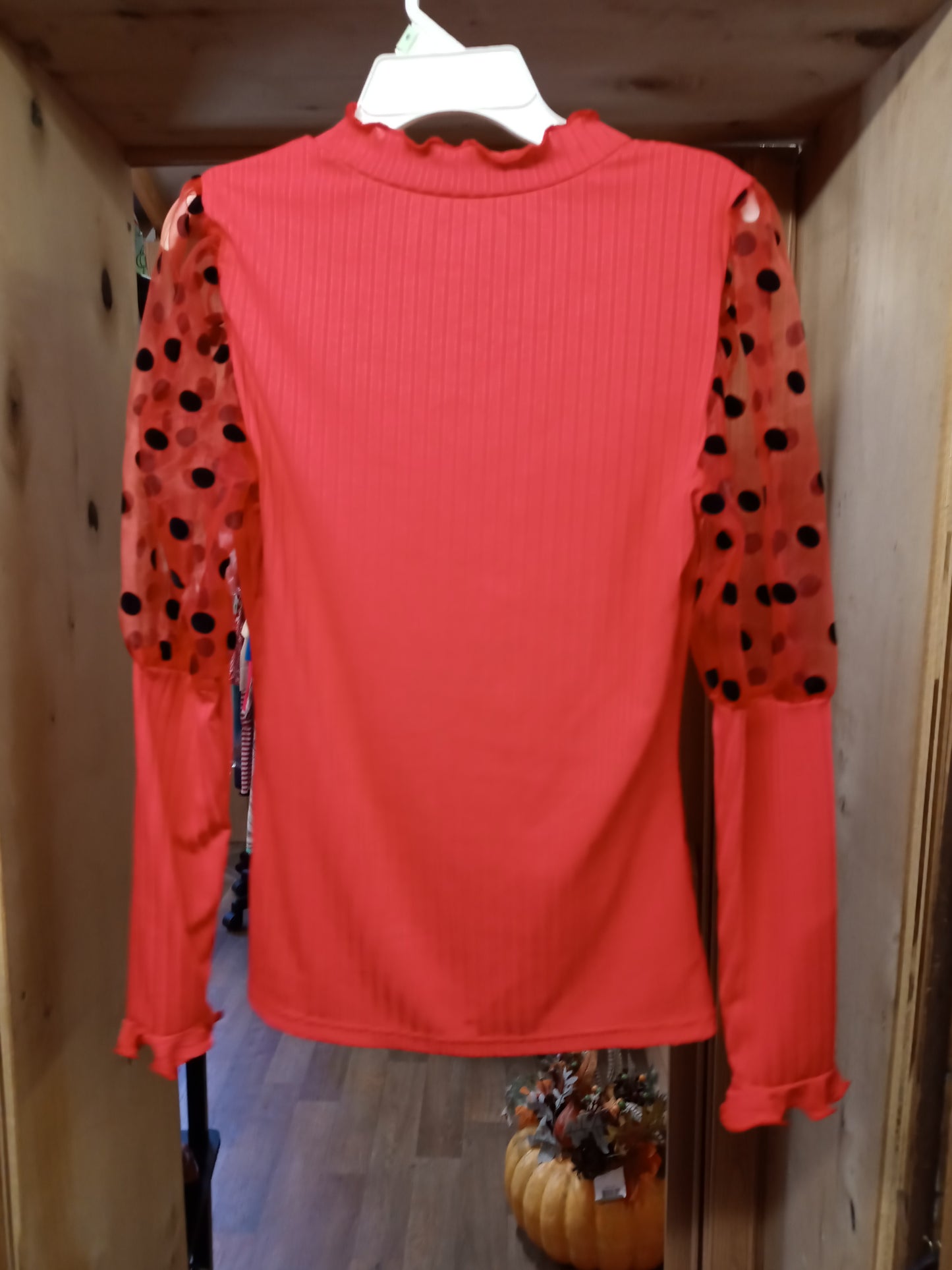 Woman Red Top W/Sheer Polka Dot Sleeves Size M "Great For Valentine's Day" (SOLD OUT)