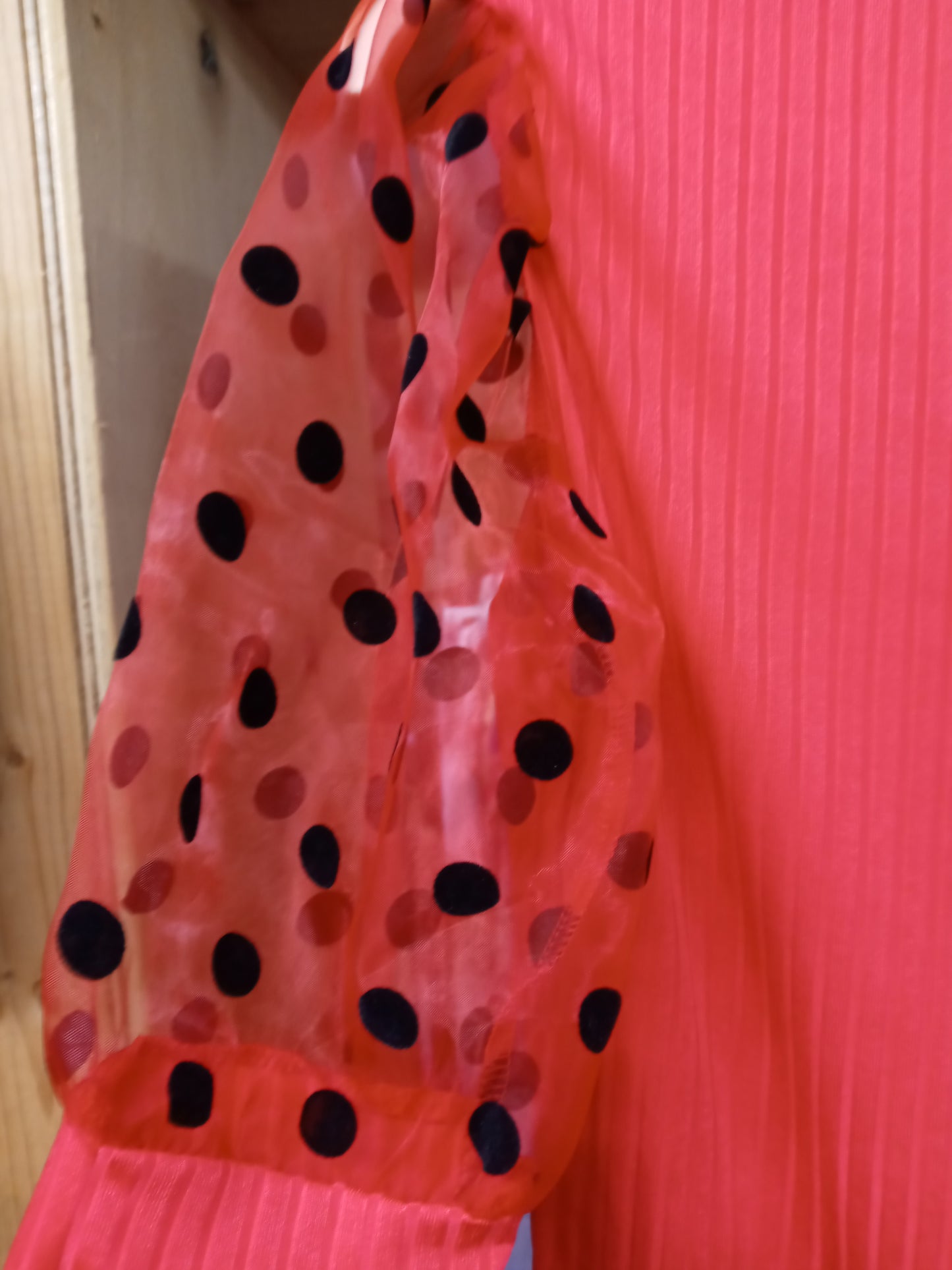 Woman Red Top W/Sheer Polka Dot Sleeves Size M "Great For Valentine's Day" (SOLD OUT)