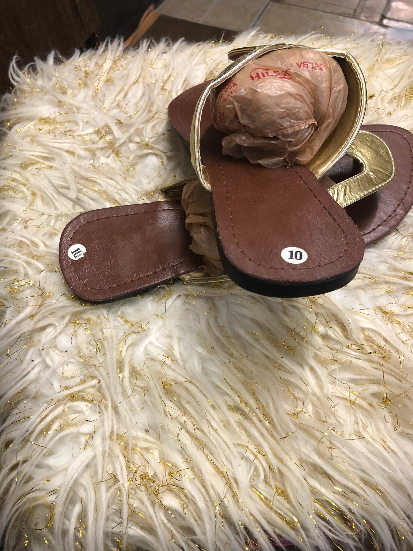 Womans Gold Thong Flat Sandals Size 10 Color Gold