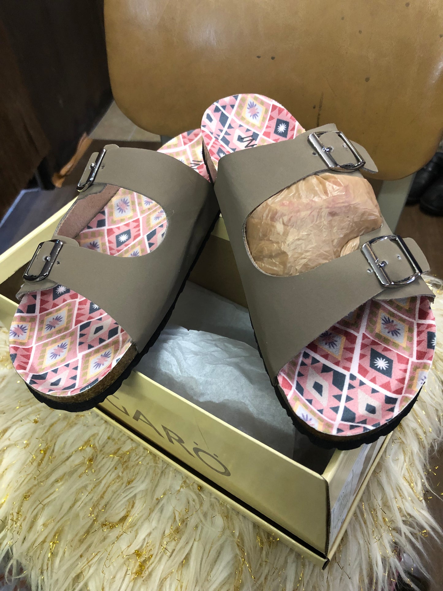 Womans Ingaro Flats Two Buckle Strap Slides Color Taupe SizeS 8, 9 And 11