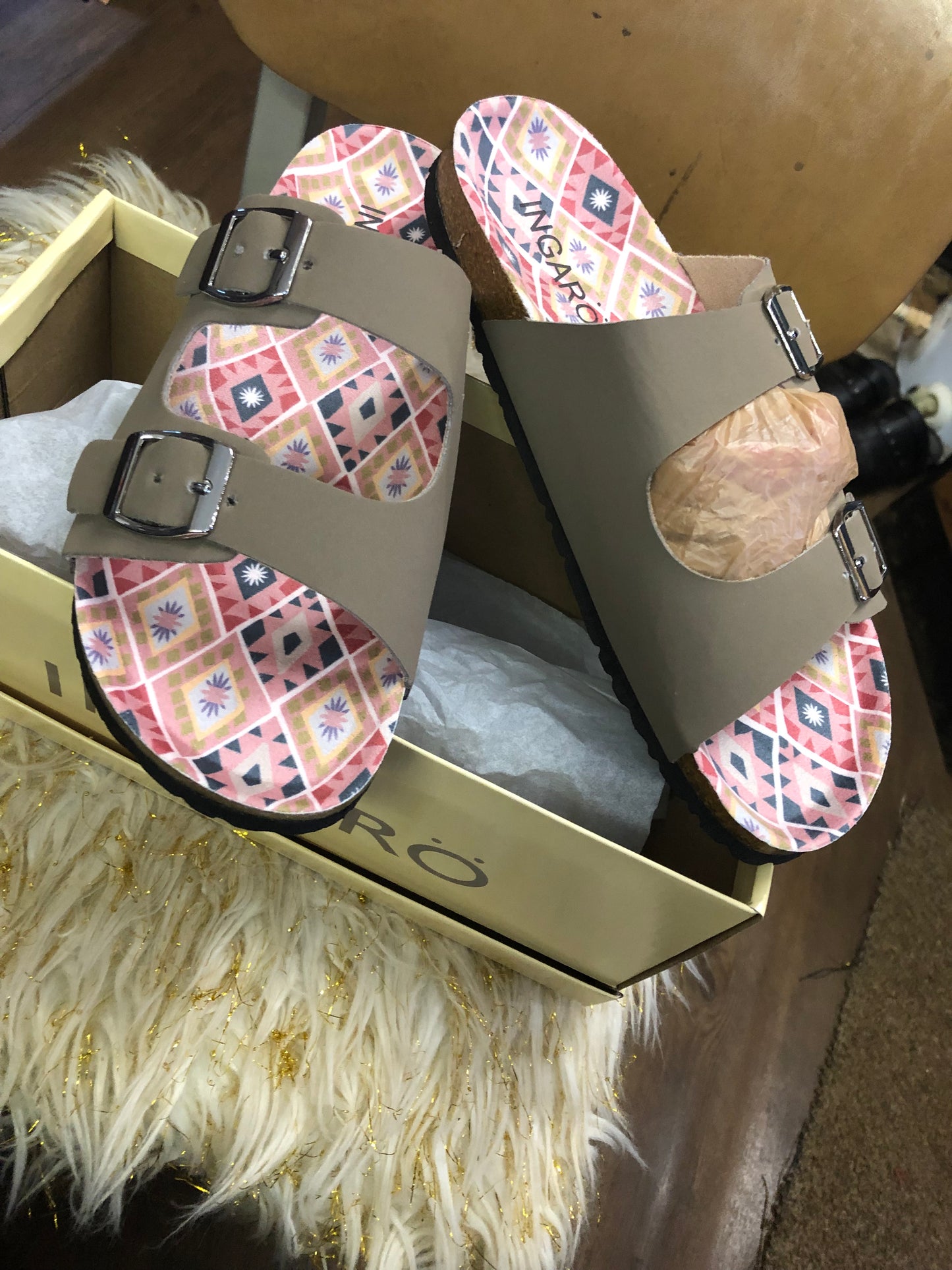 Womans Ingaro Flats Two Buckle Strap Slides Color Taupe SizeS 8, 9 And 11
