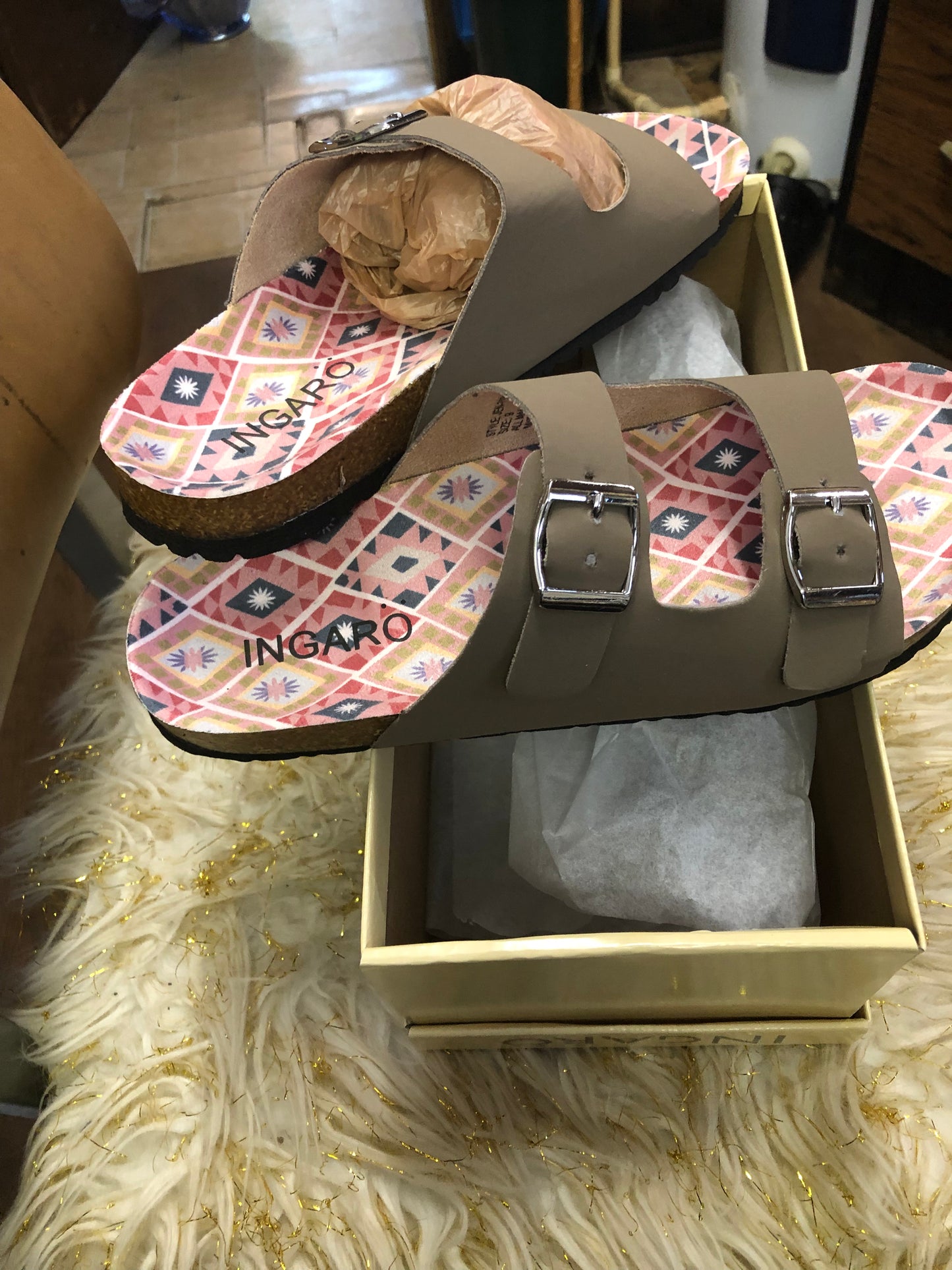 Womans Ingaro Flats Two Buckle Strap Slides Color Taupe SizeS 8, 9 And 11
