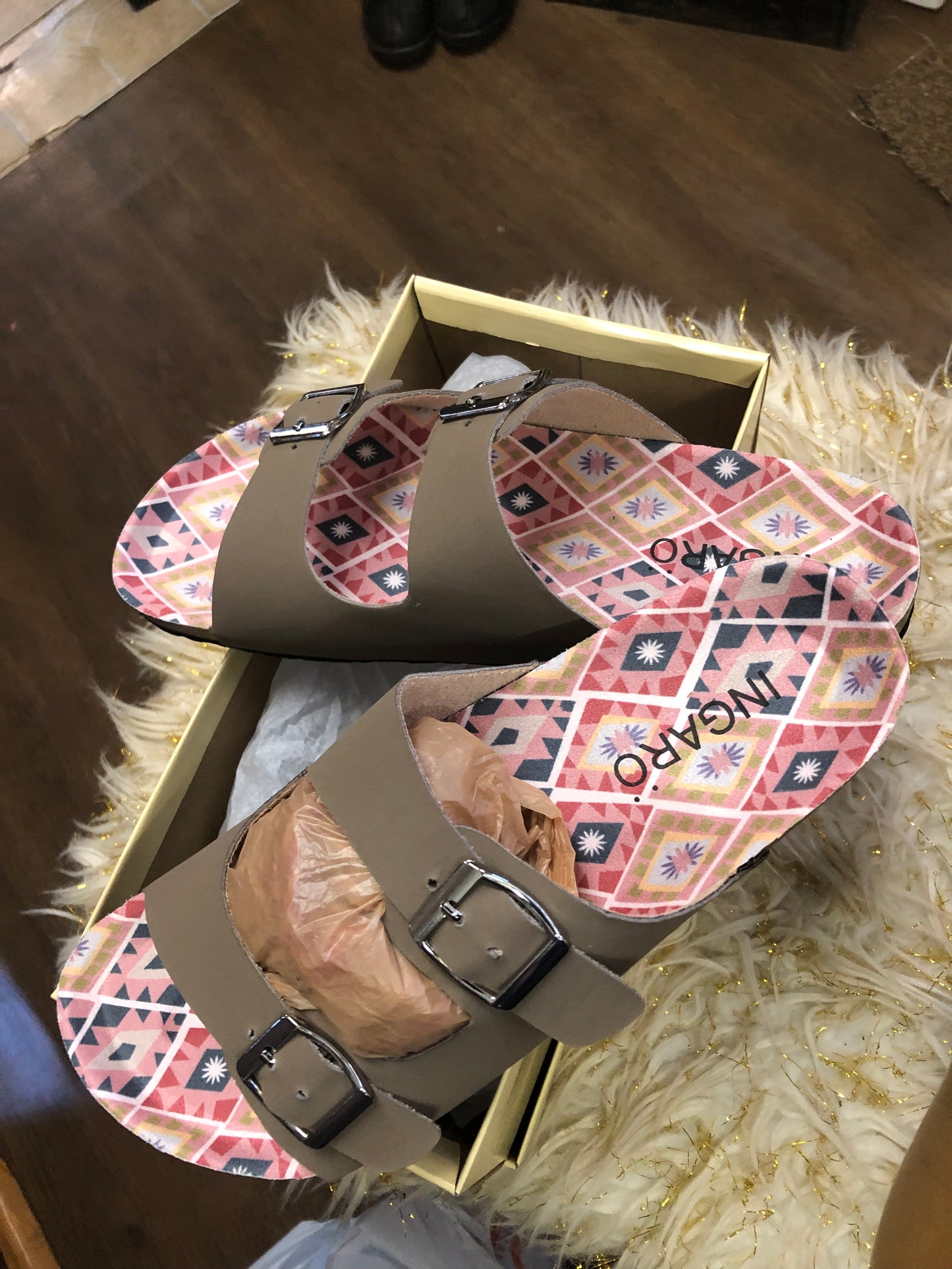 Womans Ingaro Flats Two Buckle Strap Slides Color Taupe SizeS 8, 9 And 11