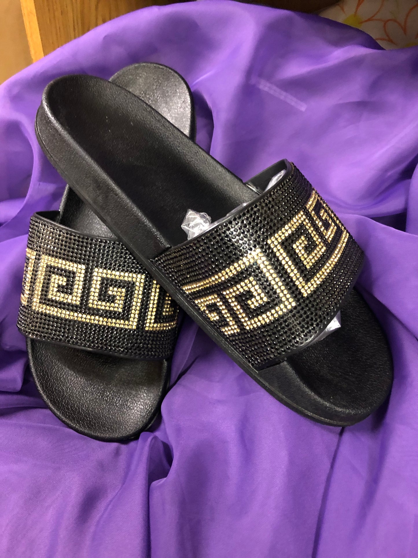 Womans Fashion Designer Rinestone Glitter Slides Sides 10 Color Blk/Gold