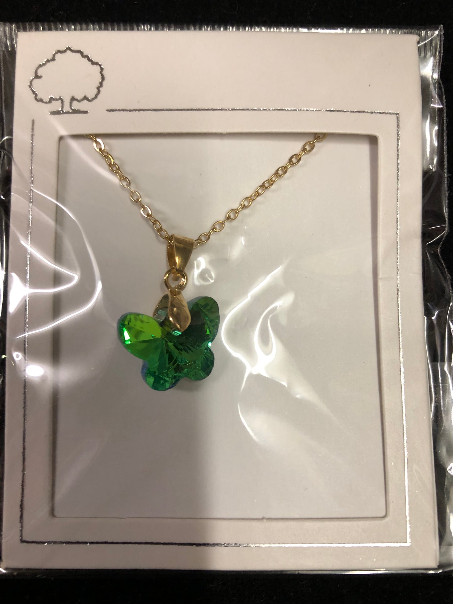 Woman Fashion Crystal Butterfly Green Tricolor Necklace On A Gold Chain. "New Arrival"