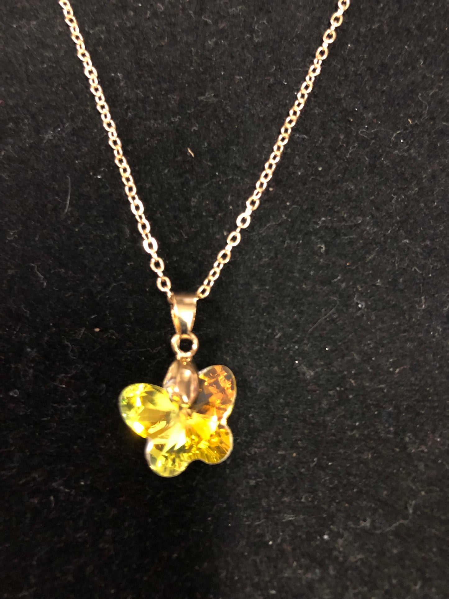 Woman Fashion Crystal Yellow Tricolor Butterfly Necklace On A Gold Chain."New Arrival"